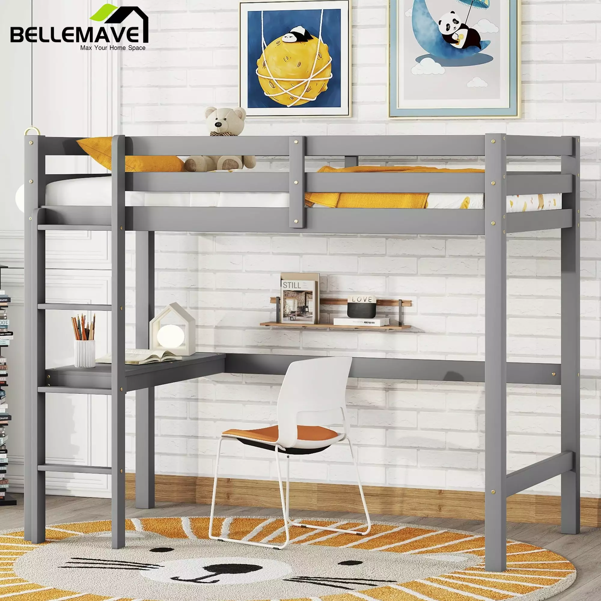 Bellemave Twin Loft Bed with Built-in Desk and Ladder Space Saving Twin Wooden Loft Bed for Kids and Teens Sturdy Junior Loft Bed Frame with Guardrail and Slats. Gray