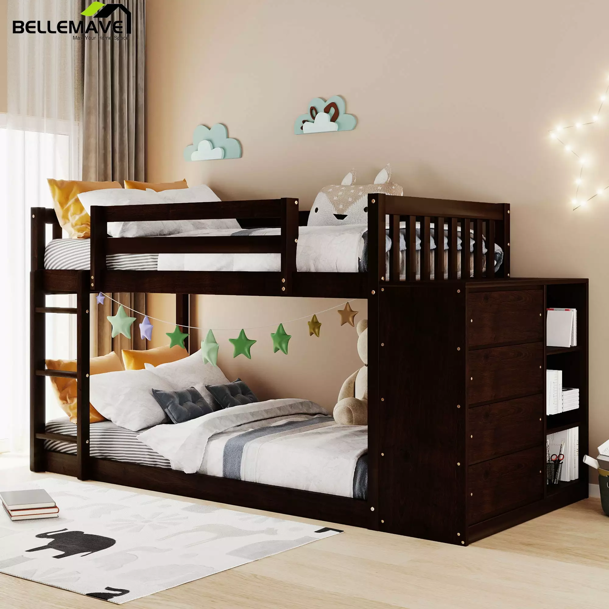 Bellemave Twin Over Twin Bunk Bed with Storage. Wood Low Bunk Bed with 4 Drawers and 3 Shelves. Twin Floor Bunk Bed Frame for Kids Teens Girls & Boys - Espresso