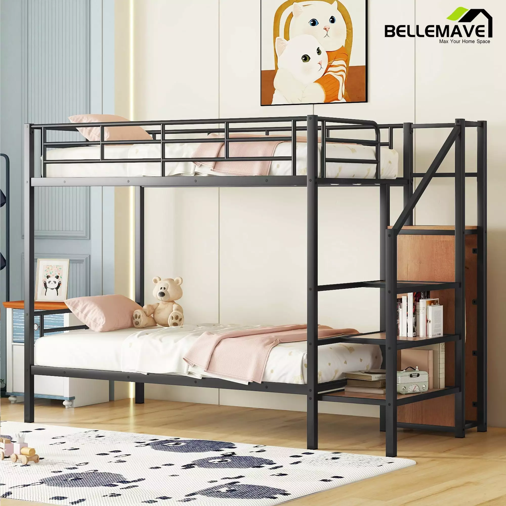 Bellemave Twin Over Twin Bunk Bed With Storage Staircase and Wardrobe Metal Twin Size Bunk Bed Frame with Shelves and Metal Slats Stairway Bunk Bed for Kids. Teens. No box Spring Needed. Black