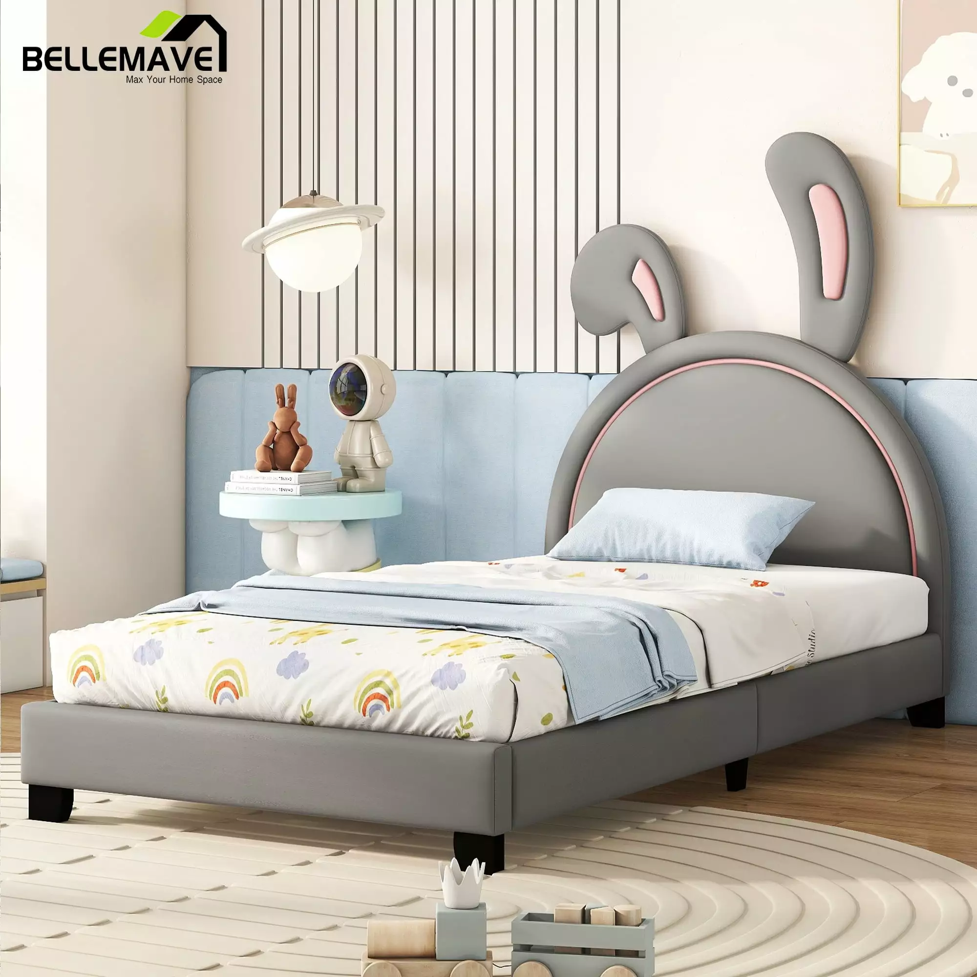 Bellemave Twin PU Leather Upholstered Platform Bed with Bunny Style Headboard Kids Twin Wood Bed Frame Low Toddler Upholstered Bed for Girls Boys. Gray