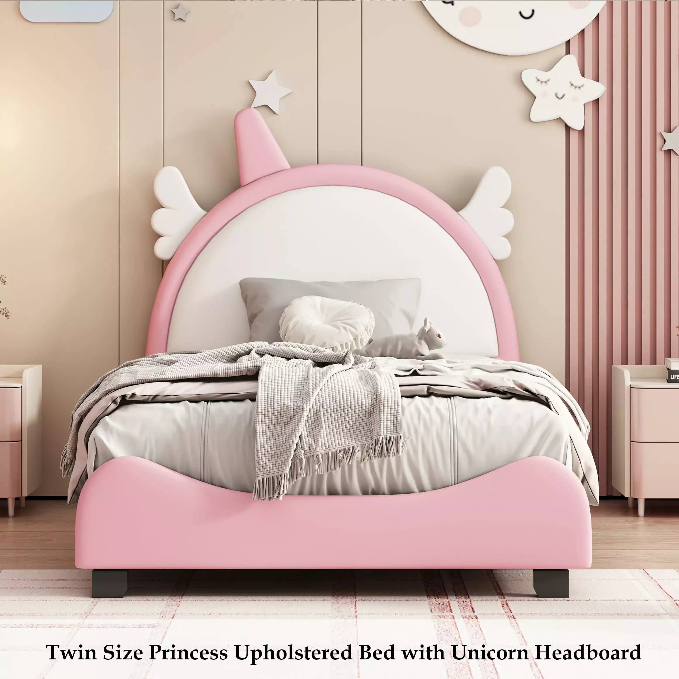 Bellemave Twin PU Leather Upholstered Platform Bed with Unicorn Style Headboard Lovely Princess Bed Twin Wood Bed Frame Low Toddler Upholstered Bed for Girls. Pink + White