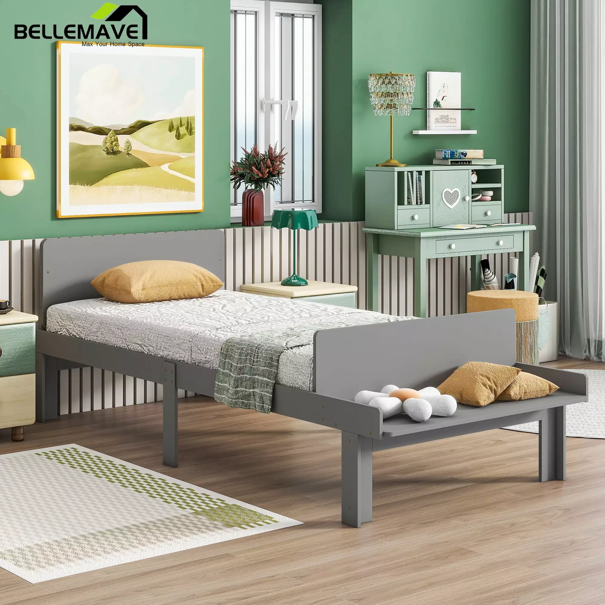 Bellemave Twin Platform Bed with Bed-end Bench Twin Wooden Bed Frame with Headboard and Footboard Bench Twin Bed with Underneath Storage for Kids and Teens. Gray