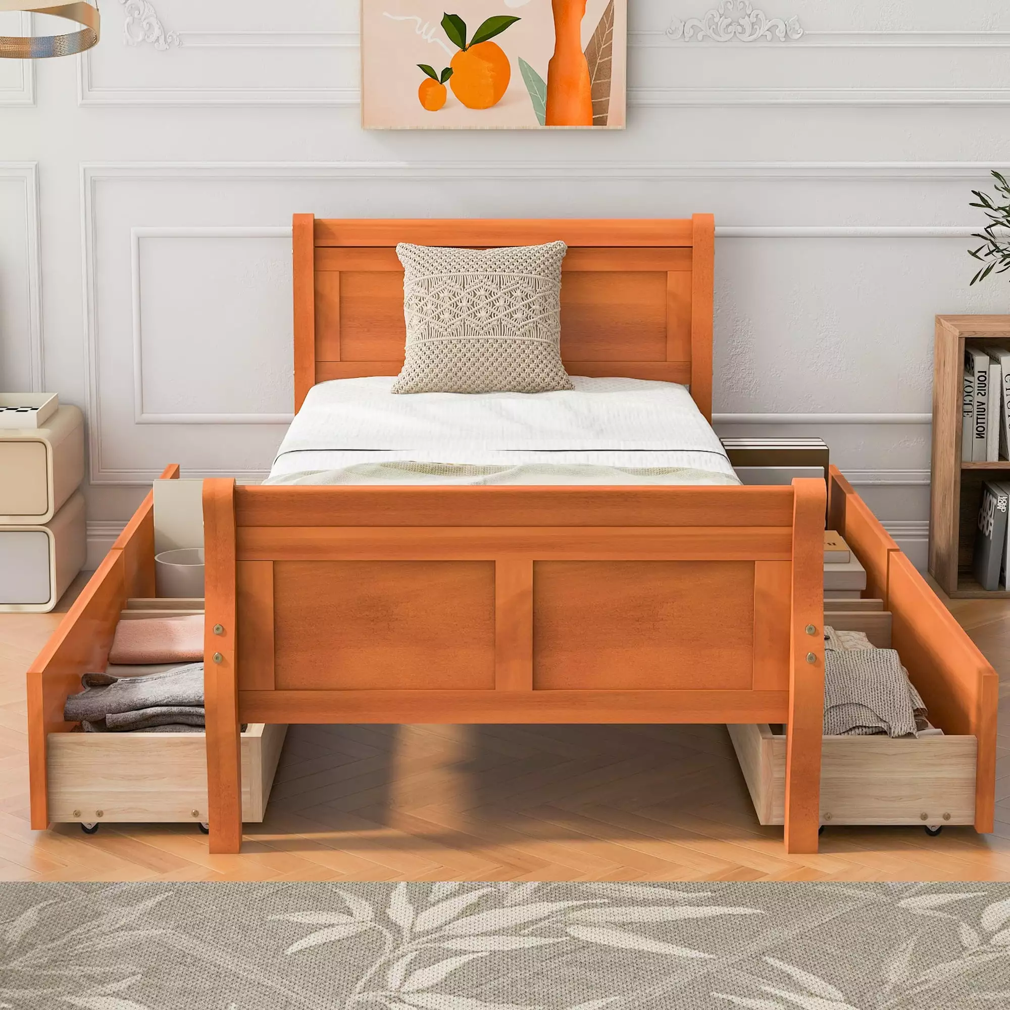 Bellemave Twin Size Bed with 4 Drawers. Wood Platform Bed with Headboard & Footboard. Storage Bed Frame for Kids Girls Boys Adult (Oak)