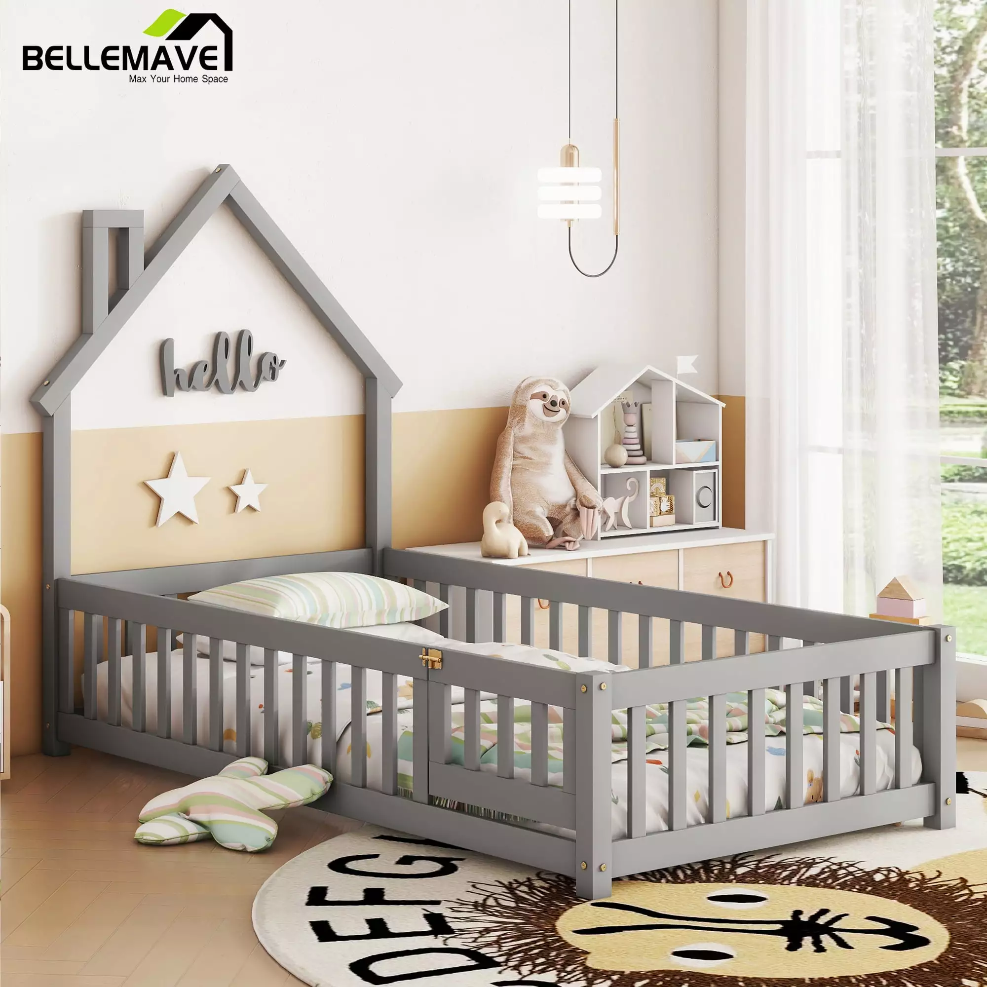 Bellemave Twin Size Floor Bed with House-shaped Headboard and Fence Twin Wood Floor Bed Frame with Guardrails and Door Montessori House Bed for Kids. Toddlers. Boys. Girls. Gray