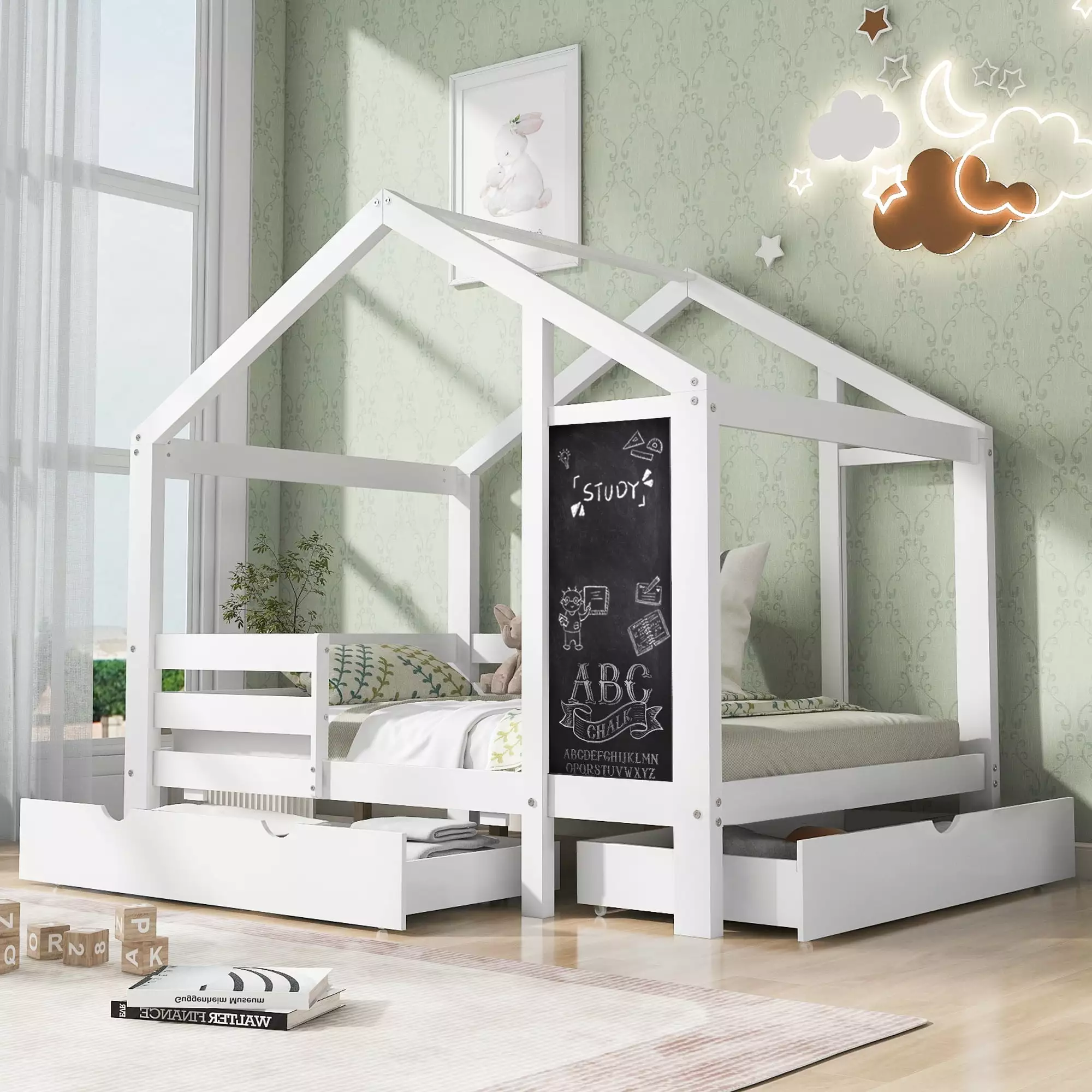 Bellemave Twin Size House Bed with Storage Drawers and Blackboard Playhouse Platform Bed with Guardrails and Wooden Slats Montessori Twin House Bed for Kids. Boys. Girls. 2 Assembly Options. White