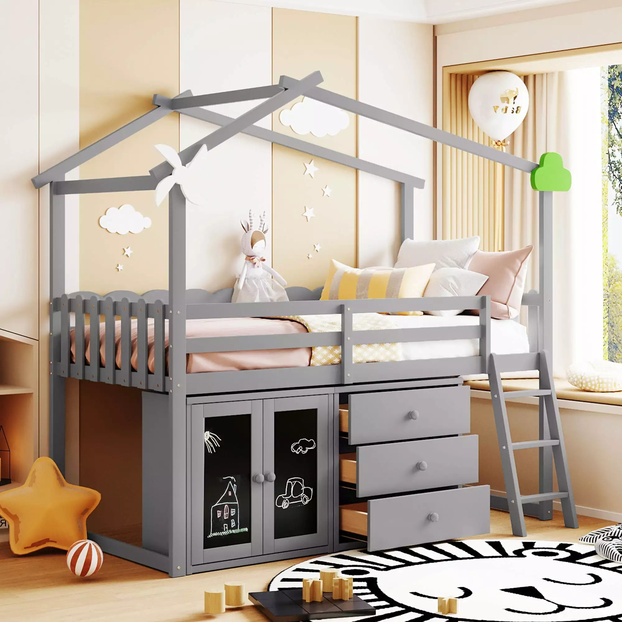 Bellemave Twin Size House Bed with Roof and Blackboard for Kids. Storage Drawers and Cabinet .Fence Guardrails for Girls Boys Teens. Gray