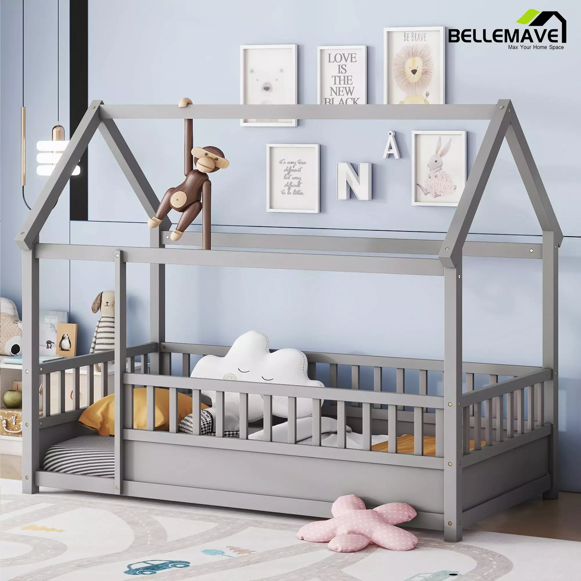 Bellemave Twin Size House Floor Bed with High Fence Guardrails Wooden Playhouse Bed Frame Twin Toddler Floor Bed with Roof Montessori House Bed Frame for Kids. Boy. Girl. (Twin. Gray)