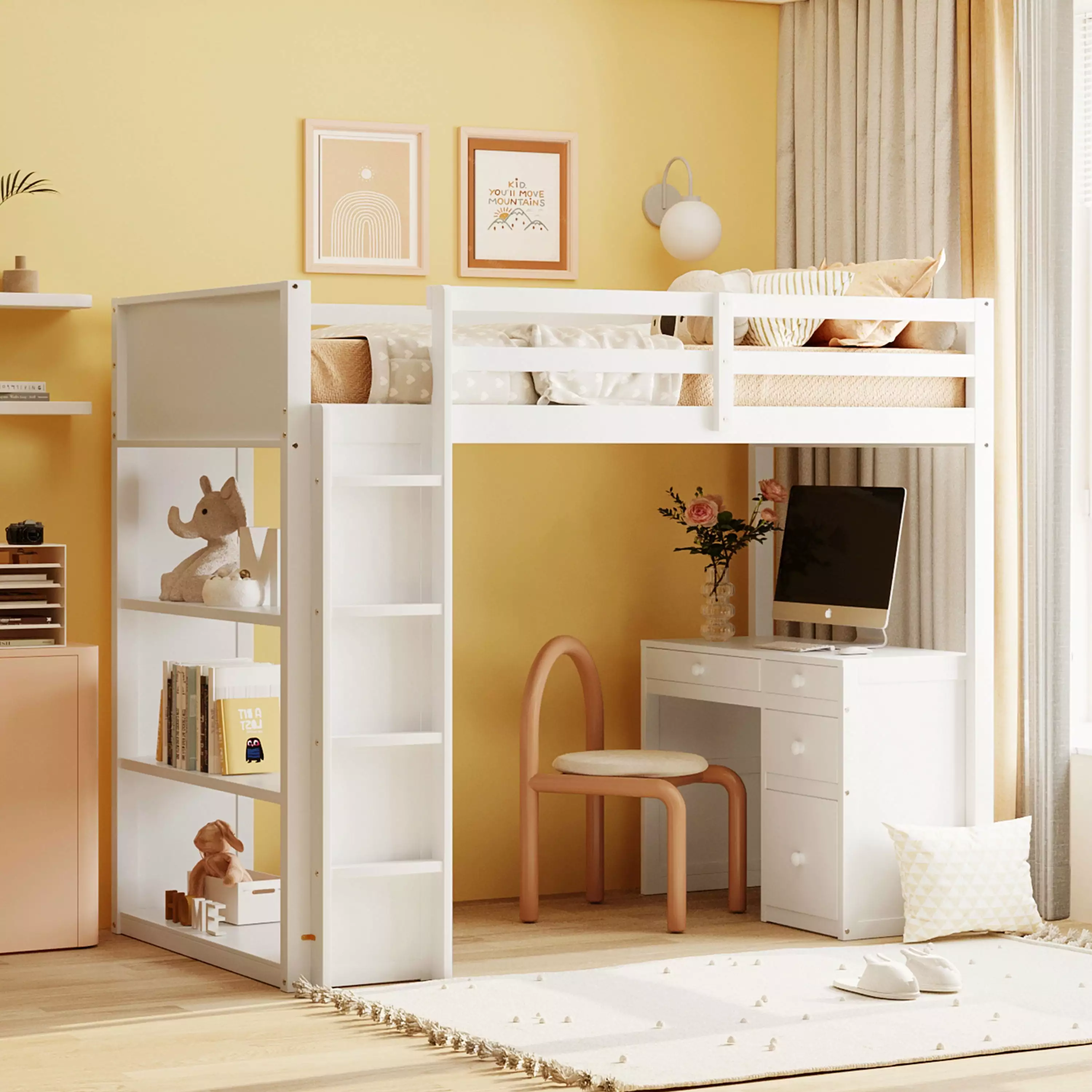 Bellemave Twin Size Kids Loft Bed with Desk and Shelves. Wood Loft Bed with Storage and Ladders for Kids. Teens. Junior (White)