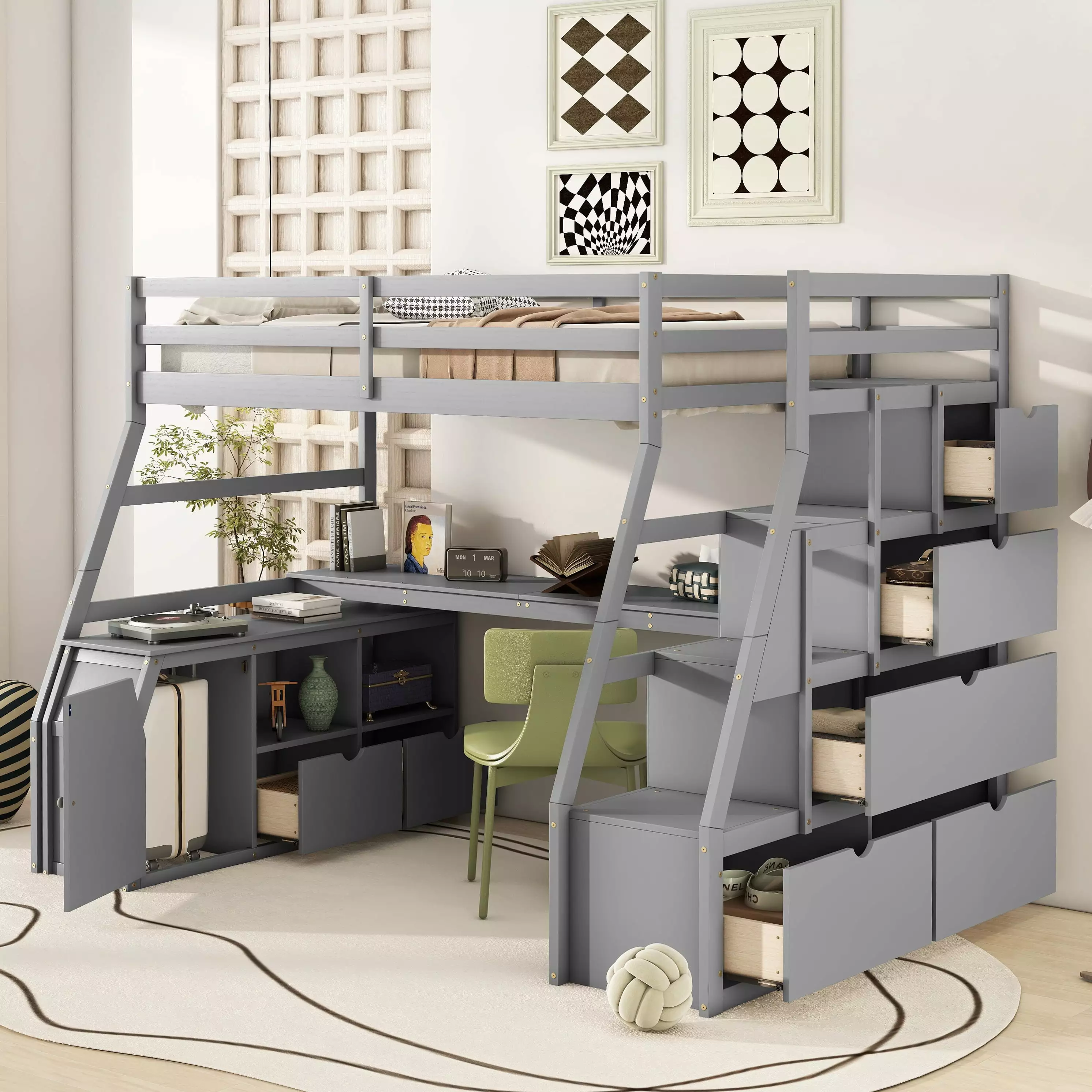 Bellemave Twin Size Loft Bed with Stairs and Desk. Wooden High Loft Beds Frame with 7 Storage Drawers and 2 Shelves for Kids Teens Adults (Gray)