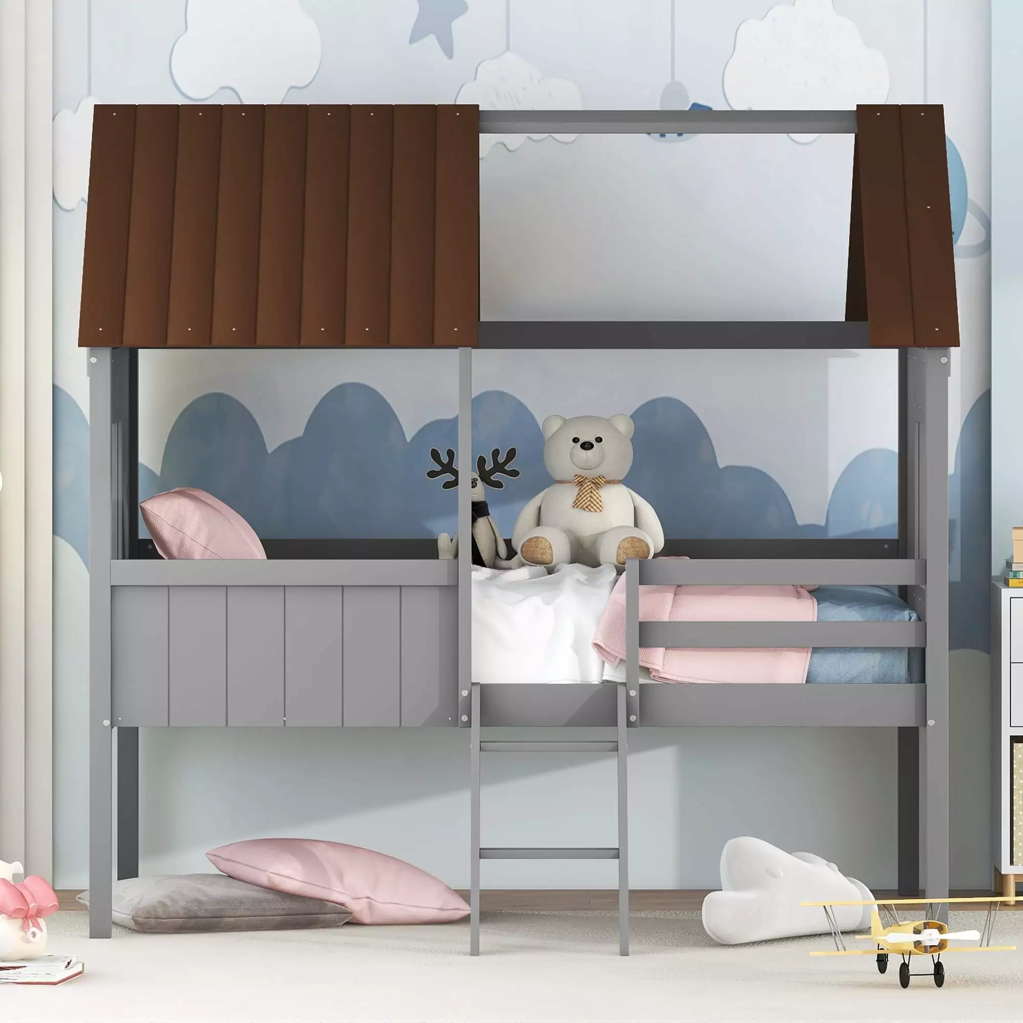 Bellemave Twin Size Low Loft Bed with Two Side Windows.Wood Loft Bed.Twin Size House Bed Frame for Kids.Girls.Boys(Gray+Brown)