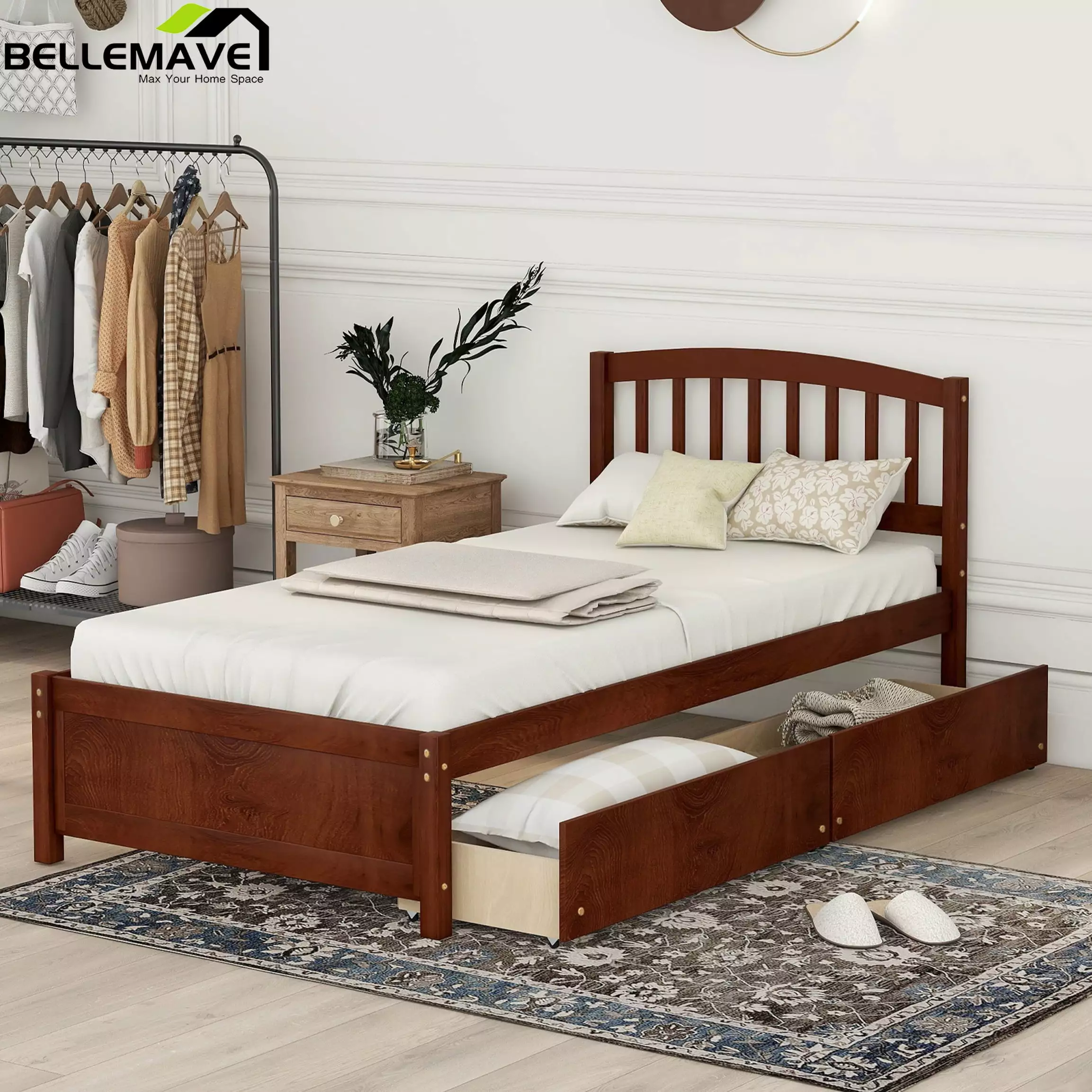 Bellemave Twin Size Platform Bed with 2 Storage Drawers.Solid Wood Twin Bed Frame with Headboard.Storage Bed with Slat Supports for Kids.Teens. Adults.Walnut