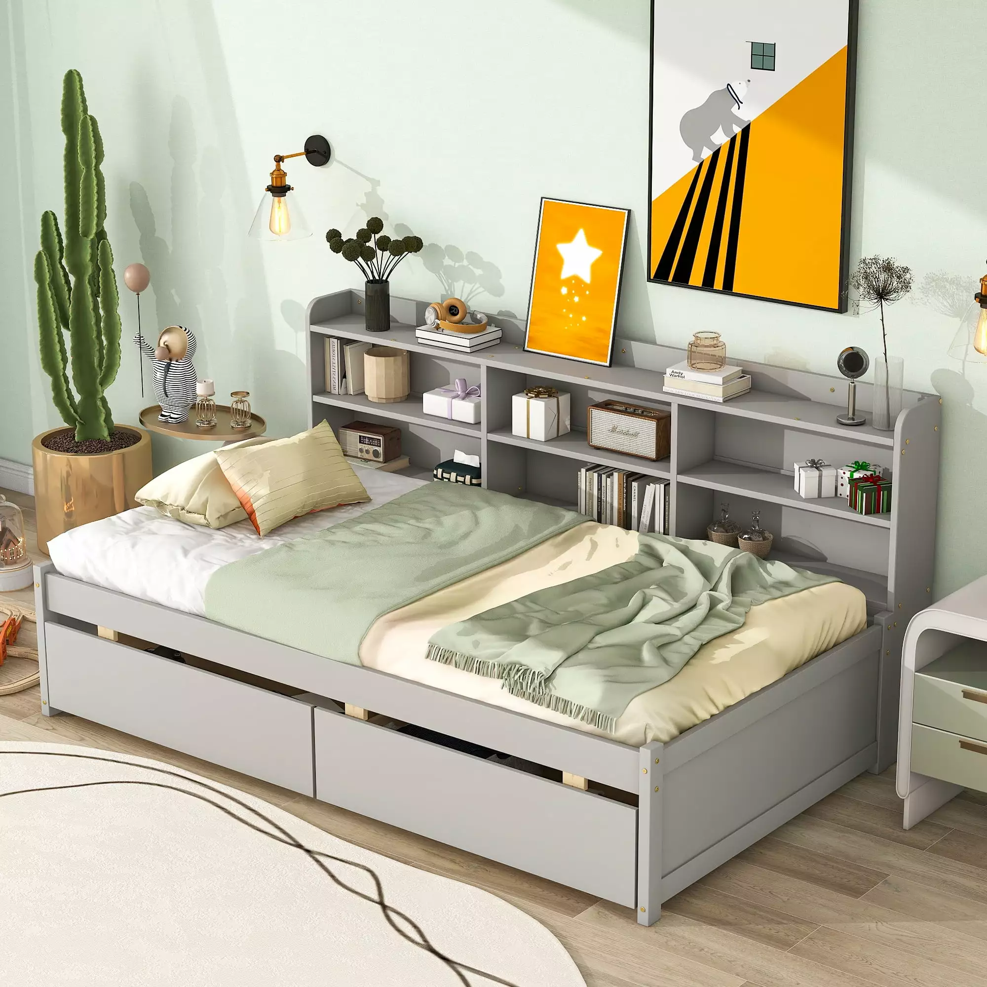 Bellemave Twin Size Platform Bed with Bookcases and Drawers Space Saving Twin Storage Platform Bed Frame with Built-in Shelves for Kids. Teens. Boys. Girls. No Box Spring Needed. Gray