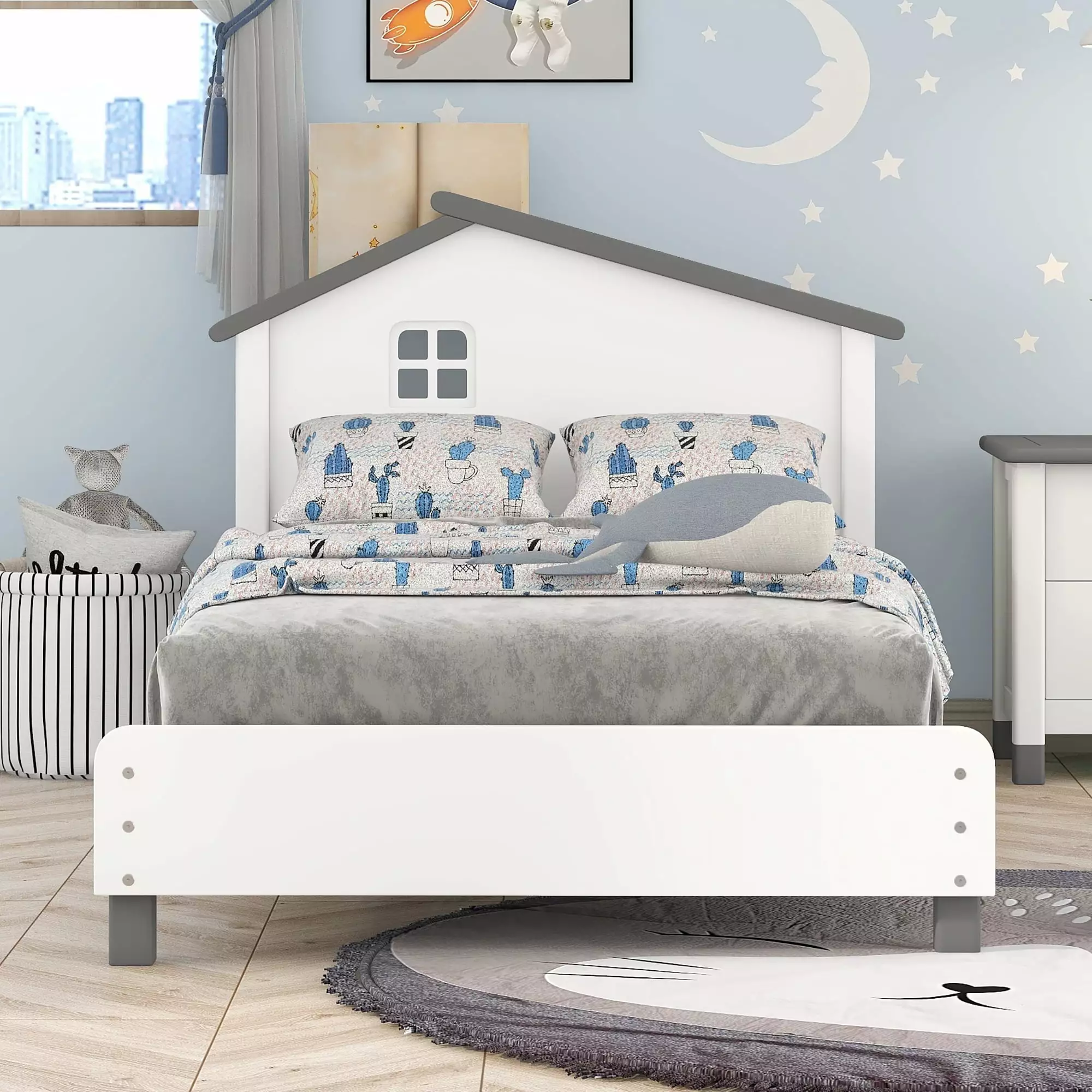 Bellemave Twin Size Platform Bed with House-Shaped Headboard.Wood Twin Platform Bed Frame with Wood Slats for Kids.Boys.Girls.No Box Spring Needed(Twin.White+Gray)