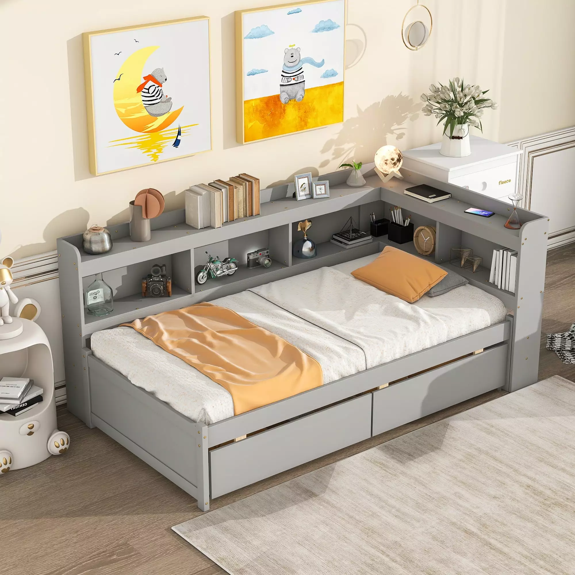 Bellemave Twin Size Platform Bed with L-shaped Bookcases and Drawers Twin Storage Platform Bed Frame with Built-in Shelves for Kids. Teens. Boys. Girls. No Box Spring Needed. Gray