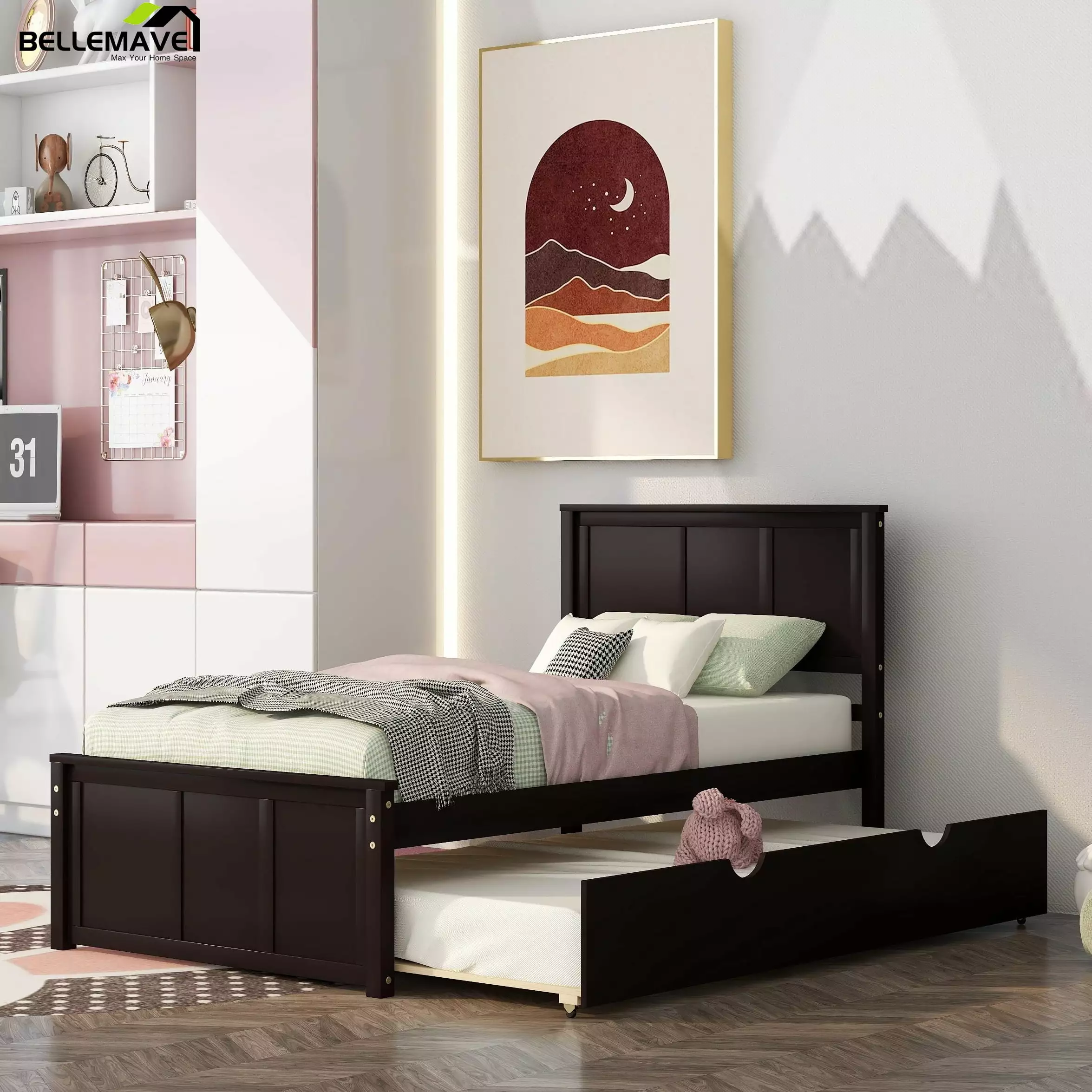 Bellemave Twin Size Platform Bed with Trundle and Headboard. Wood Twin Size Frame Twin Bed with Pull Out Trundle. Espresso