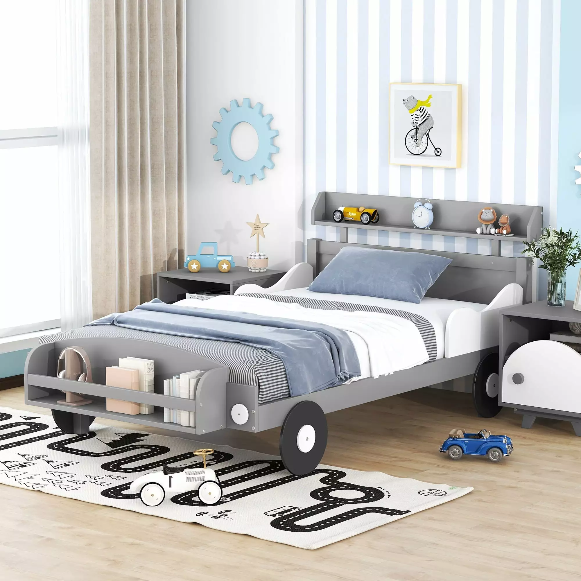 Bellemave Twin Size Race Car-Shaped Platform Bed with Storage Shelf Fun Car Bed Frame with Storage Headboard and Footboard Wooden Low Bed Frame for Kids. Boys. No Box Spring Needed. (Twin. Gray Car)