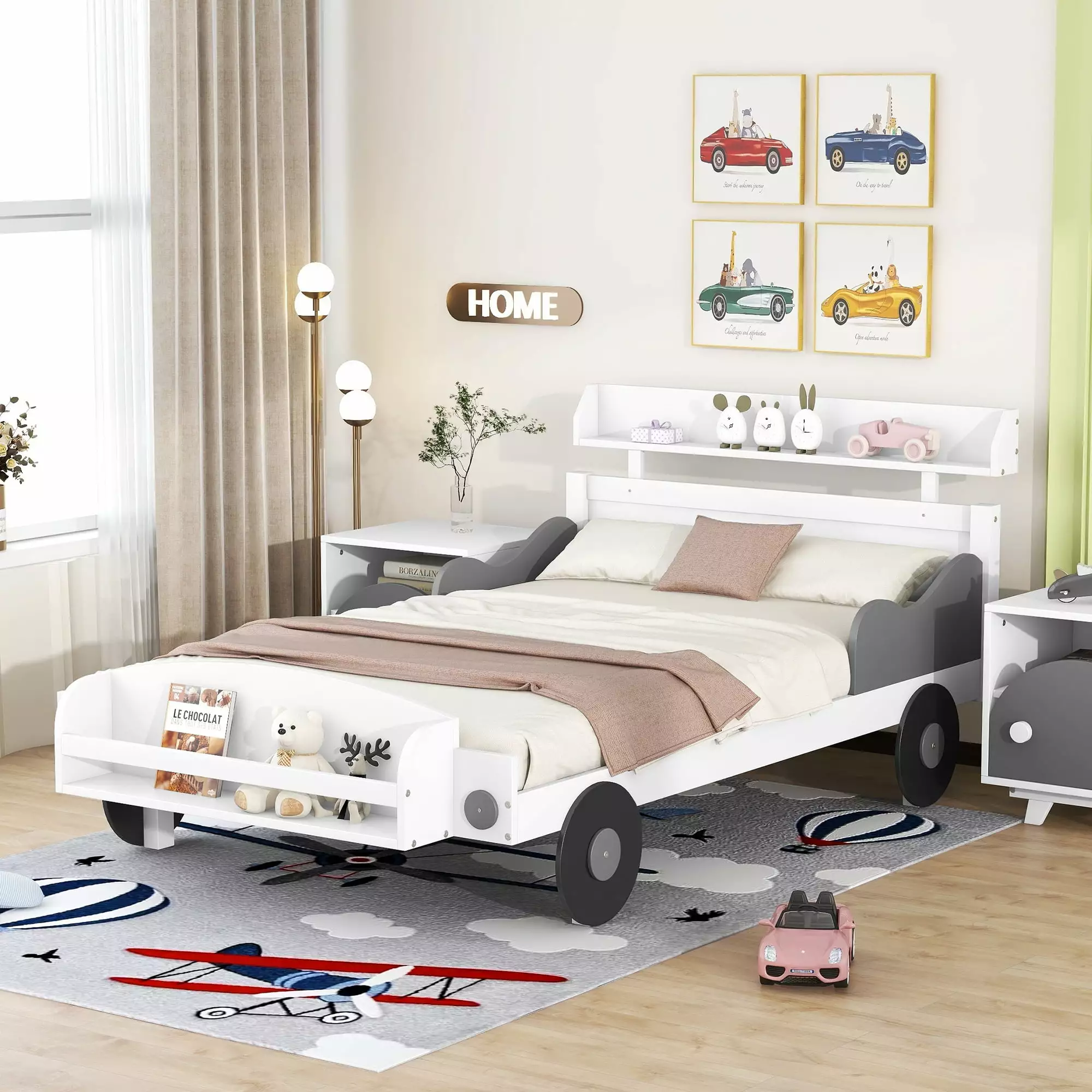 Bellemave Twin Size Race Car-Shaped Platform Bed with Storage Shelf Fun Car Bed Frame with Storage Headboard and Footboard Wooden Low Bed Frame for Kids. Boys. No Box Spring Needed. (Twin. White Car)