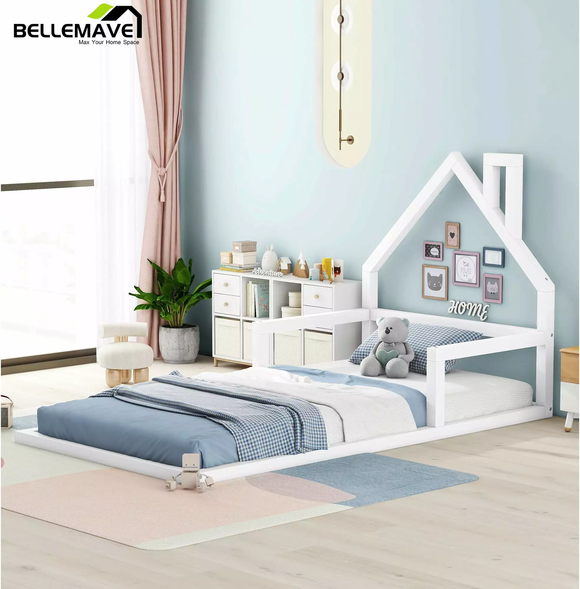 Bellemave Twin Size Wood Floor Bed with House-shaped Headboard Toddler Bed Frame Montessori Floor Bed with Rails and Wooden Slats for Kids. Boys. Girls. No Box Spring Needed. White