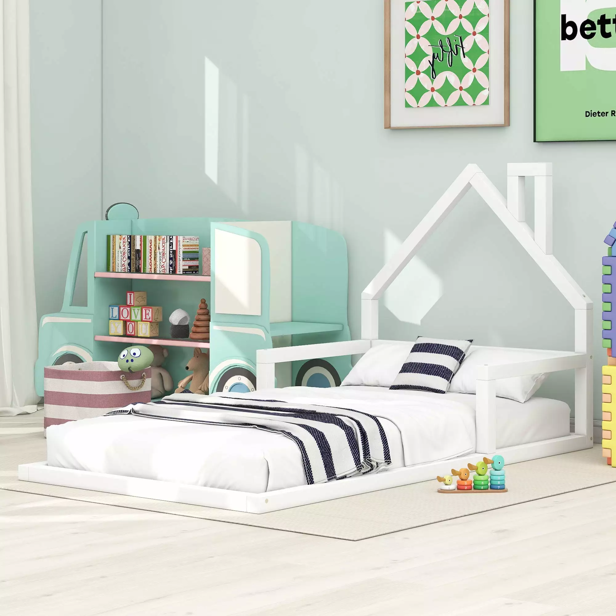 Bellemave Twin Size Wood Floor Bed with House-shaped Headboard.Twin Bed Frame for Kids.Montessori Floor Bed with Rails for Girls Boys (Twin.White)