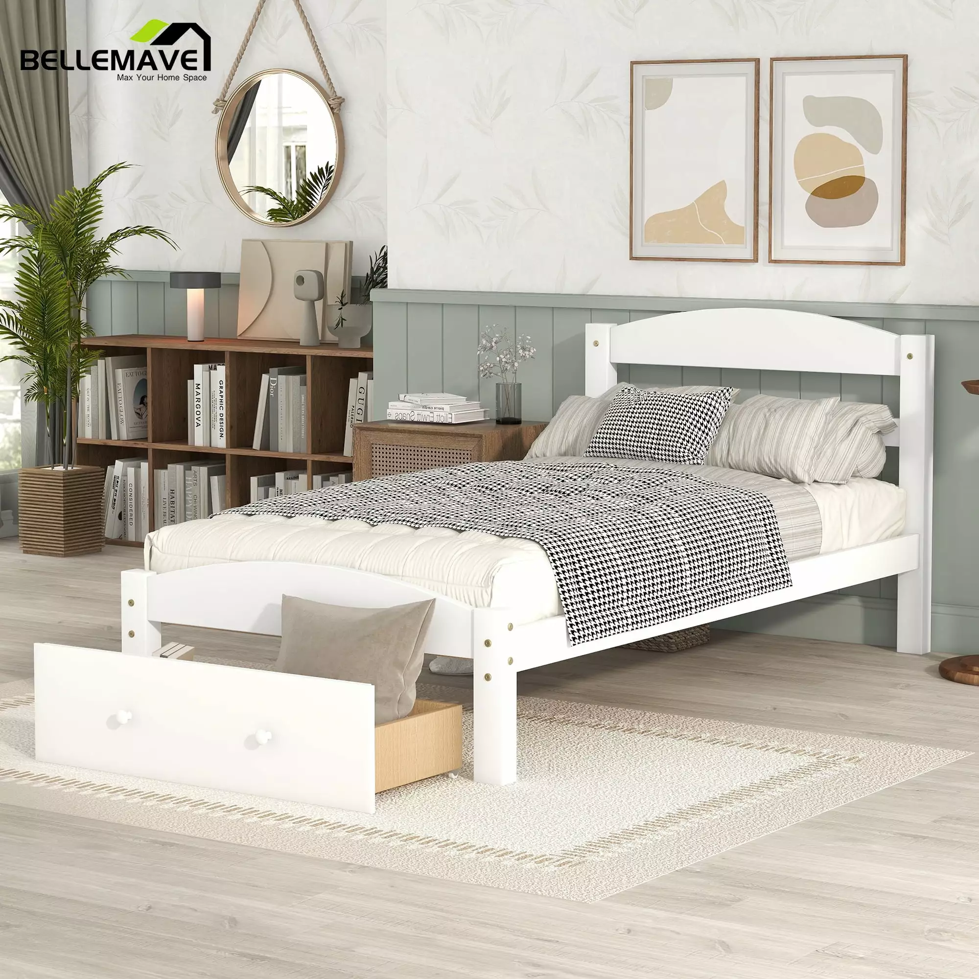 Bellemave Twin Solid Wood Bed Frame with Storage Drawer. Kids Platform Bed Frame for Girls & Boys. No Box Spring Needed (White. Twin)