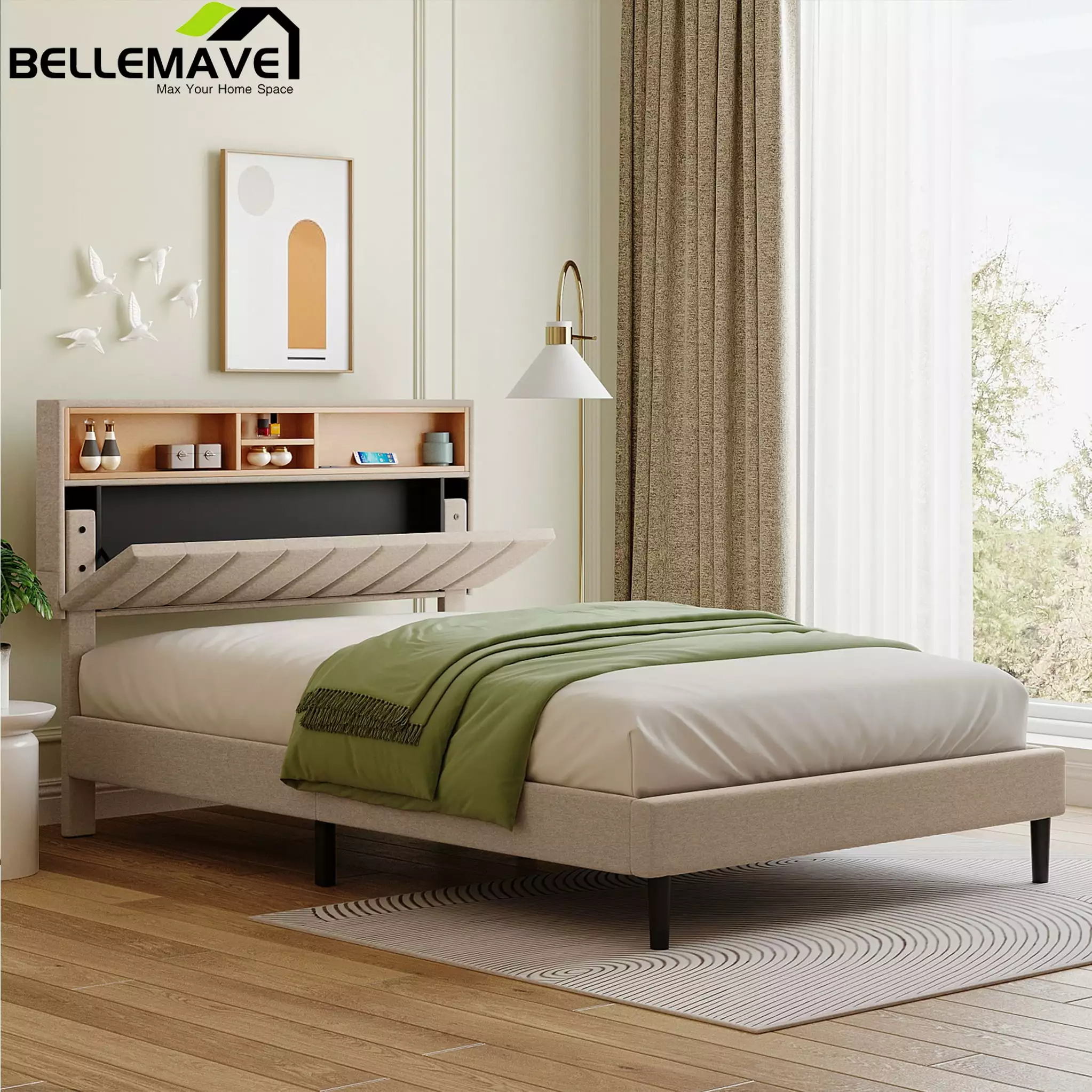 Bellemave Upholstered Full Platform Bed with Storage Headboard and USB Ports.Full Size Bed with Shelf Headboard.Linen Fabric Upholstered Bed Frame(Full.Beige)