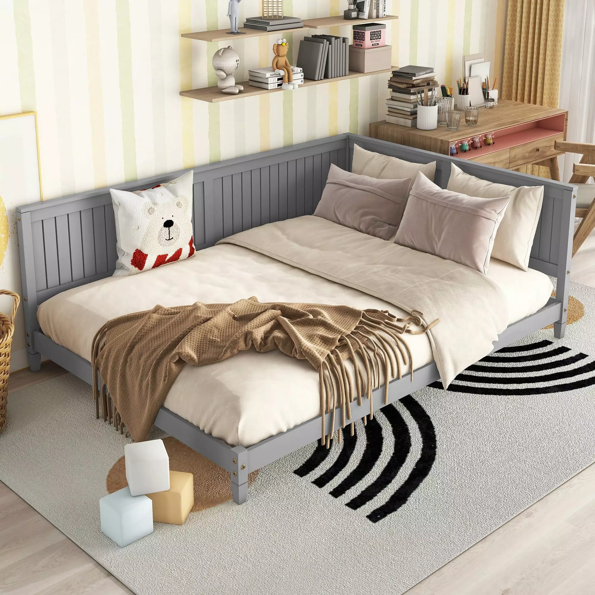 Bellemave Wood Full Size Daybed Frame. Low Full Bed with Headboard and Sideboard. Minimalist Floor Sofa Bed Frame for Kids Room Bedroom Living Room (Gray)