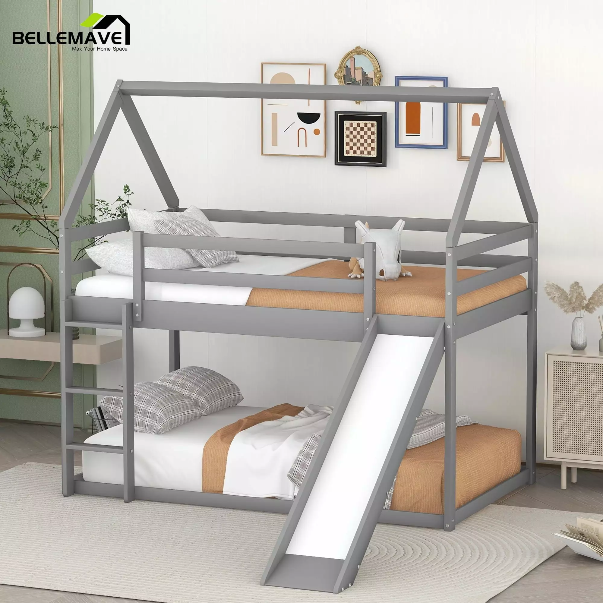 Bellemave Wood Twin Bunk Bed with Slide. Floor Toddler Bunk Bed. House Bunk Bed Frame for Kids. Boys & Girls (Gray)