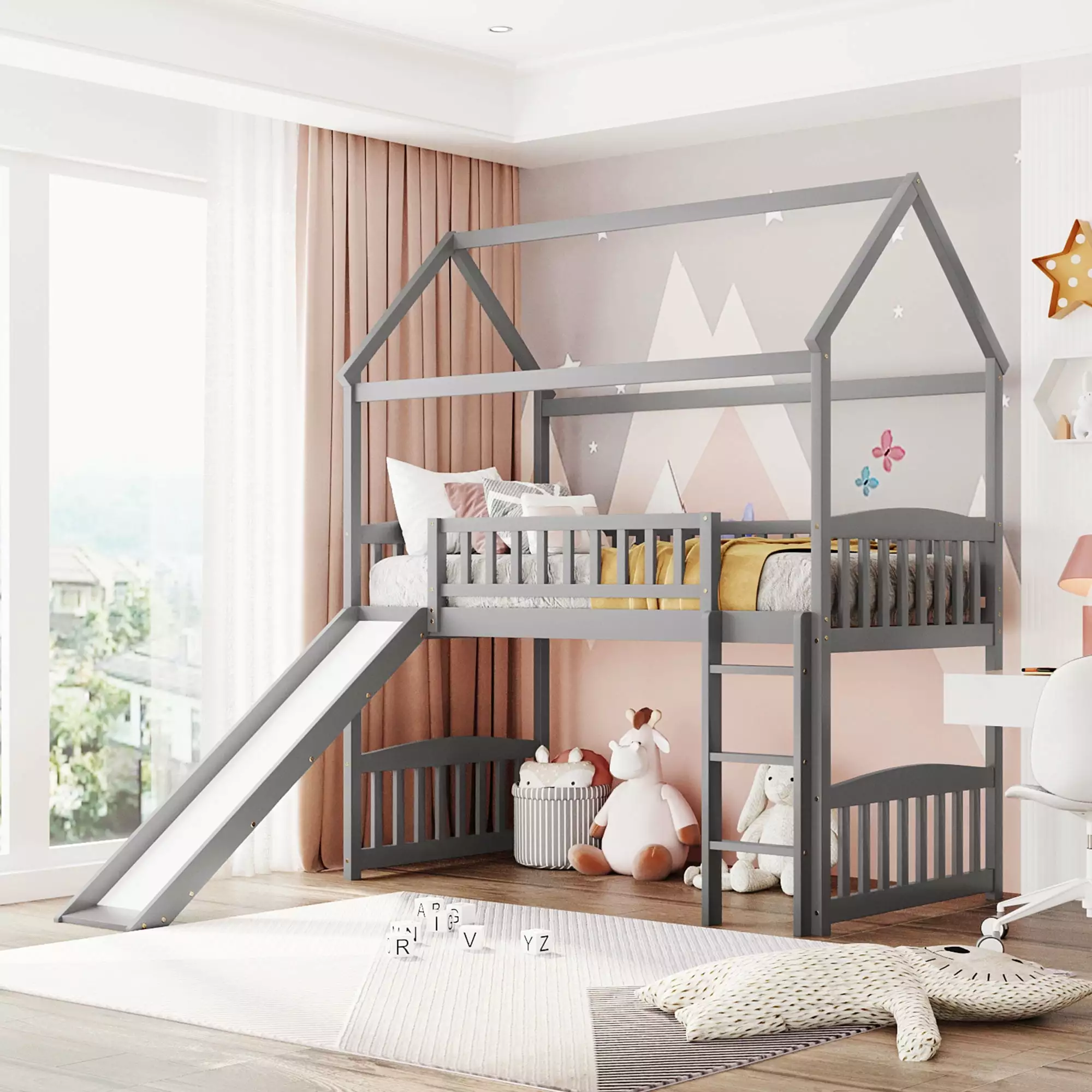 Bellemave Wood Twin Loft Bed with Slide. Floor Toddler Bunk Bed. House Bunk Bed for Kids. Boys & Girls. Gray