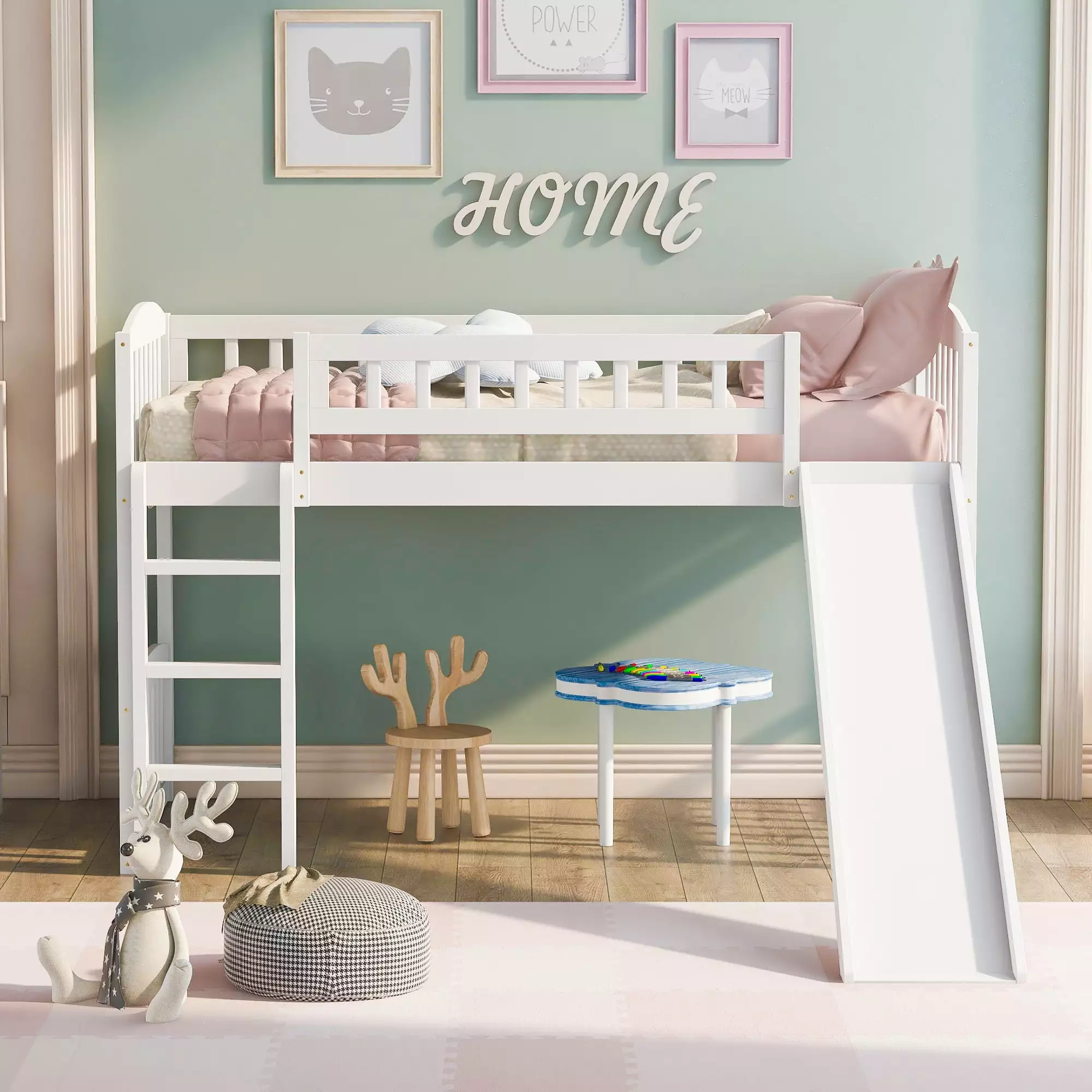 Bellemave Wood Twin Size Low Loft Bed with Slide. Kids Loft Bed Frame for Boys & Girls (White)