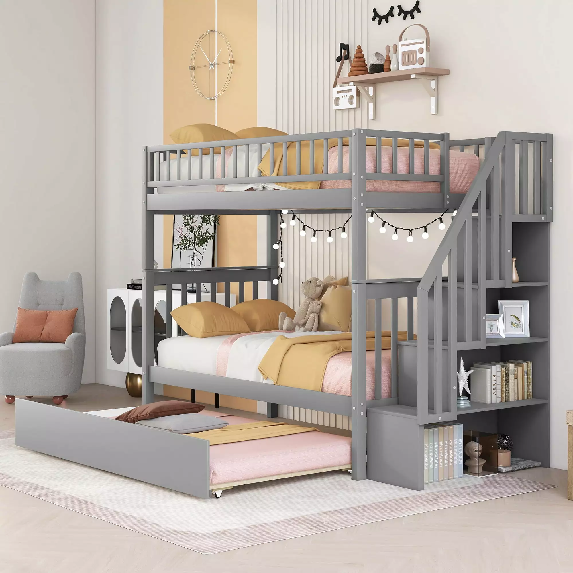 Bellemave Wood Twin over Twin Bunk Bed with Trundle. Storage Stairs - Separate into 2 Twin Beds - Modern. Space-Saving Design for 3 Kids - Gray