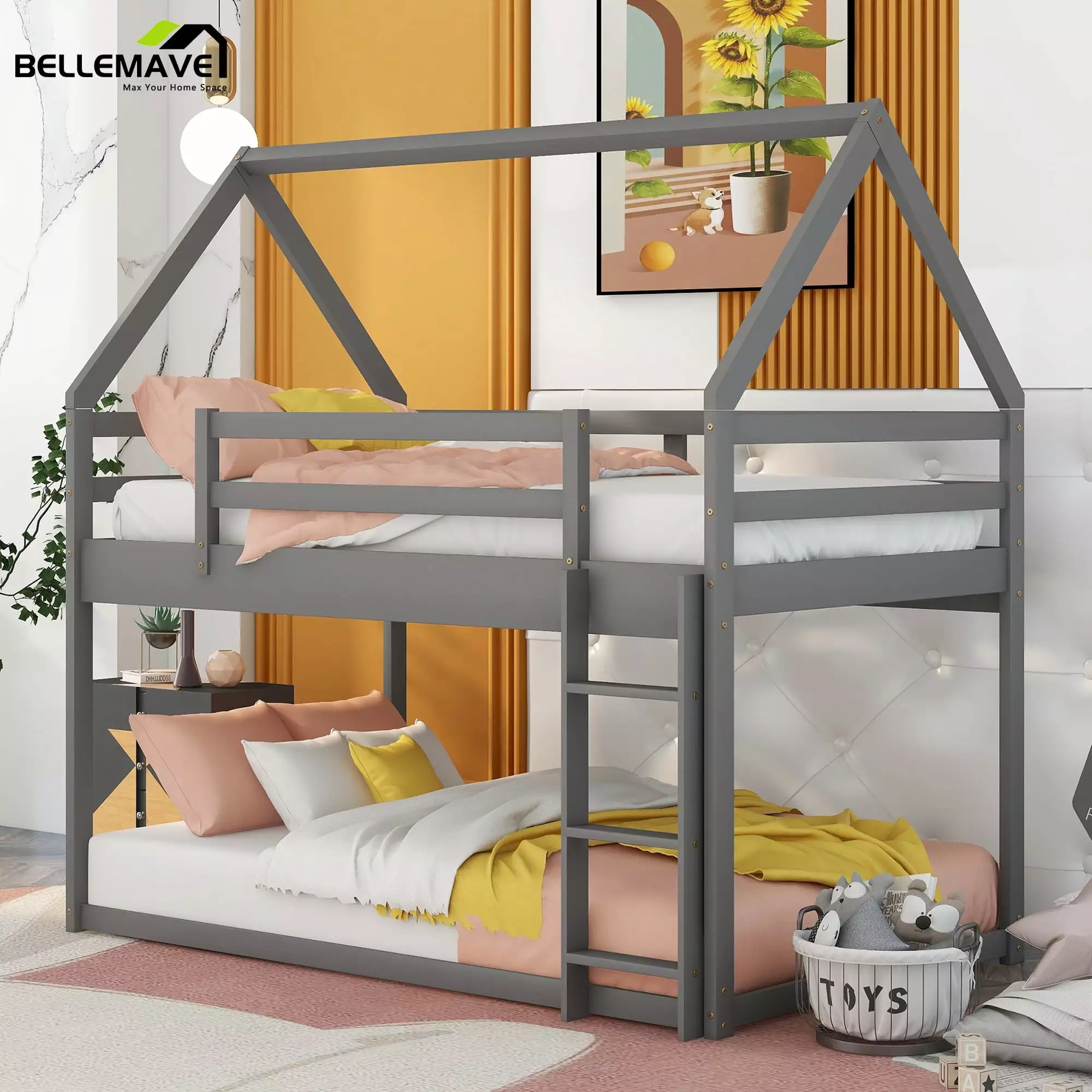 Bellemave Wooden House Bunk Bed. Twin over Twin Bunk Bed with Ladder. Toddler Floor Bunk Bed for Kids. Boys & Girls (Gray)