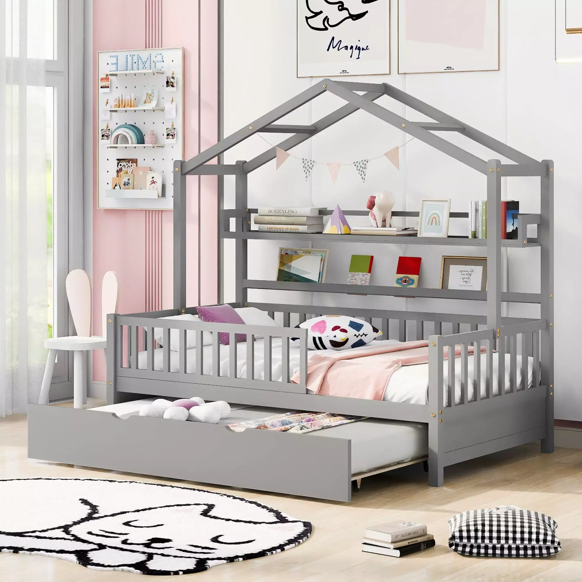 Bellemave Wooden Twin Size House Bed with Trundle.Kids Twin Playhouse Platform Bed Frame with Storage Shelves.Fence and Roof Kids Teens Girls & Boys (Gray)