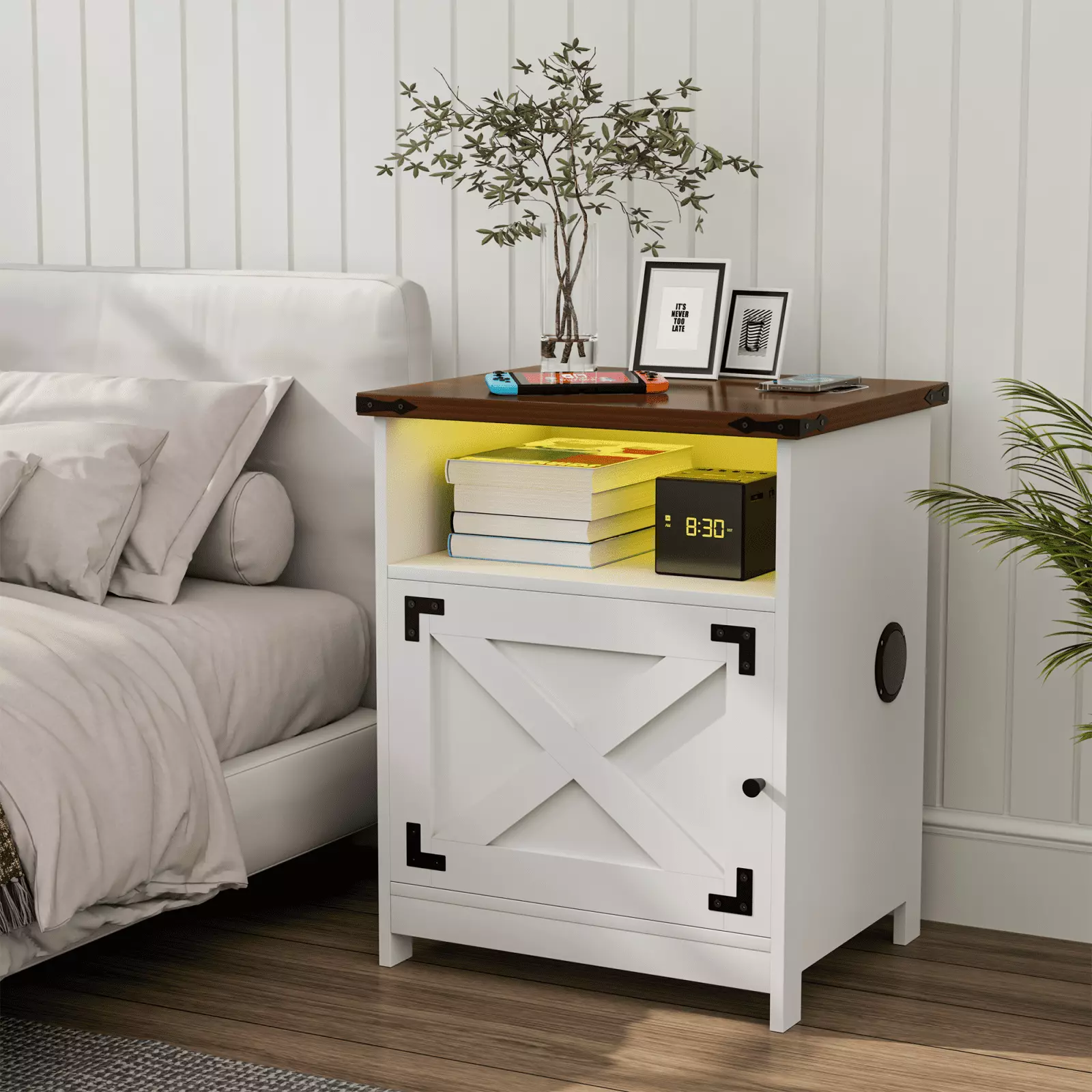 Belord Farmhouse LED Wood Nightstand with Wireless Charging. USB Type-C Ports. Built-in Speaker