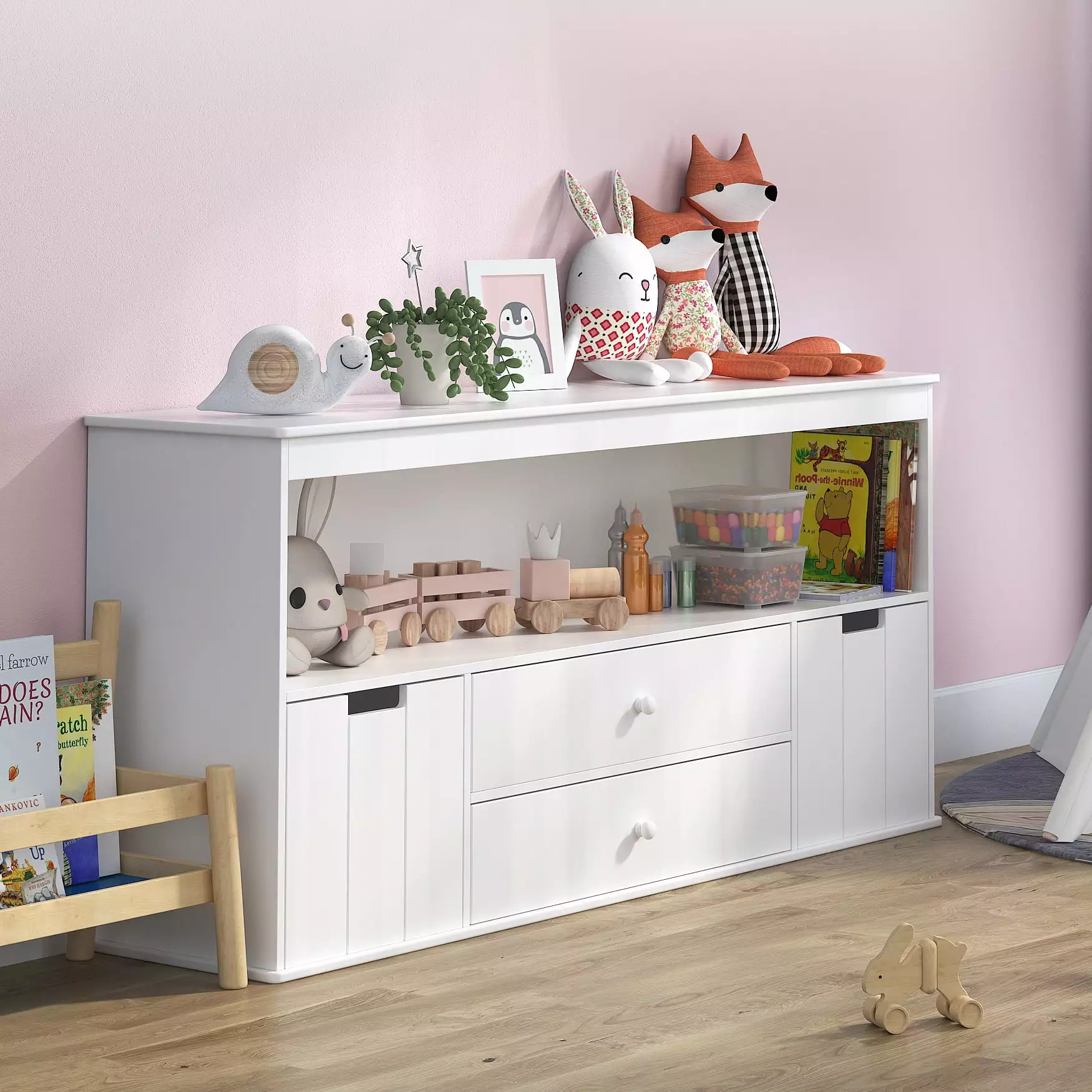 Bemico Kids Toy Storage Cabinet. Toddlers Chest Cabinet with 4 Drawers for Children's Playroom. Bedroom - White