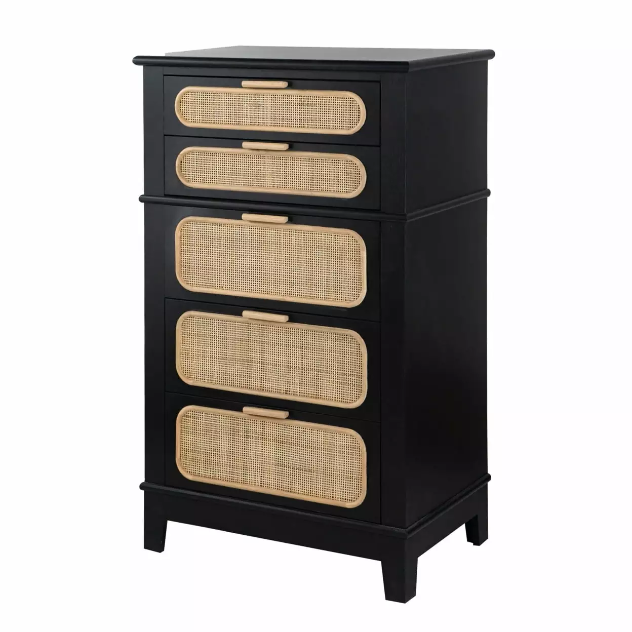 BenJara Dana 46 Inch Tall Dresser Chest. Pine Wood. Woven Rattan. 5 Drawers. Black