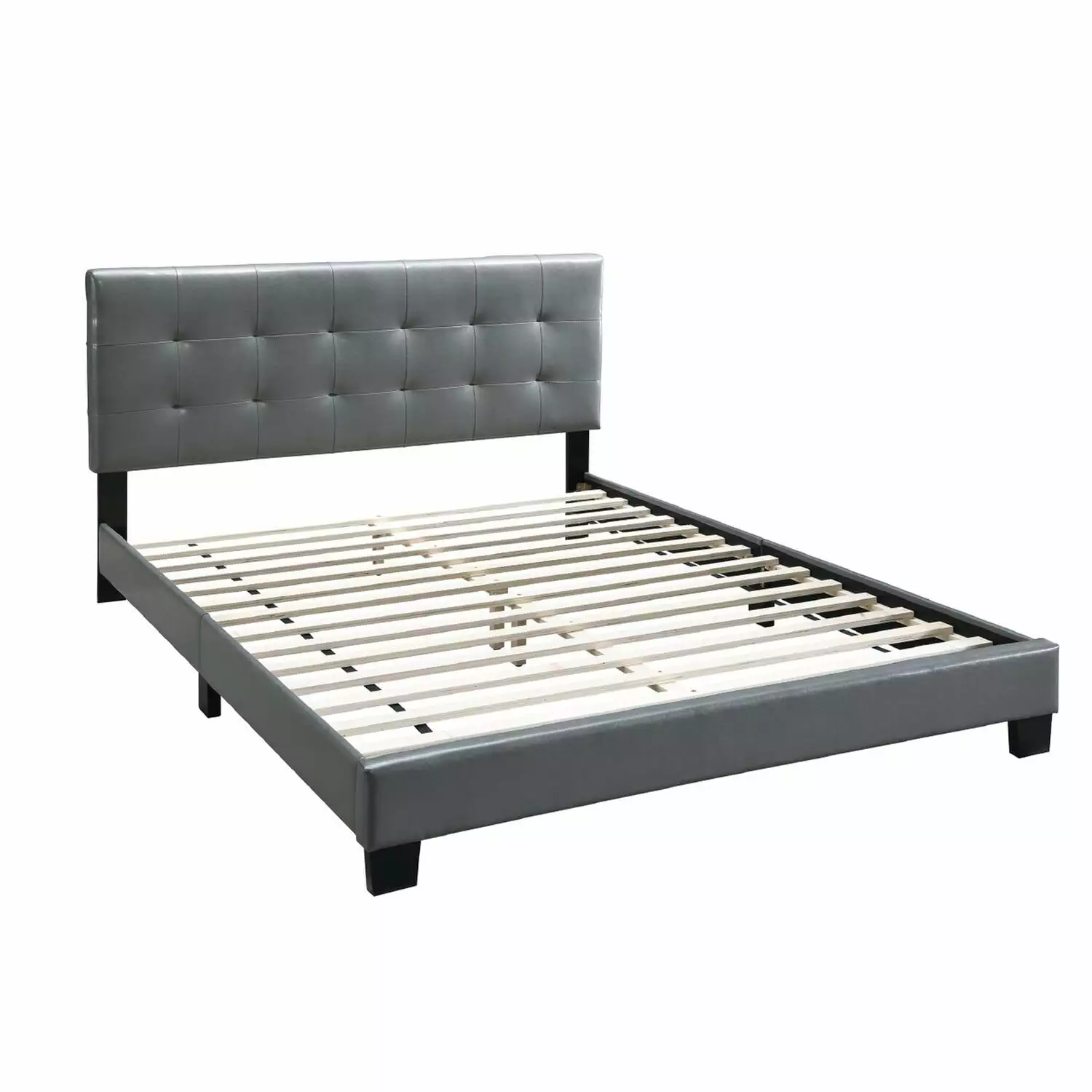 Benjara Full Leatherette Bed with Checkered Tufted Headboard. Gray