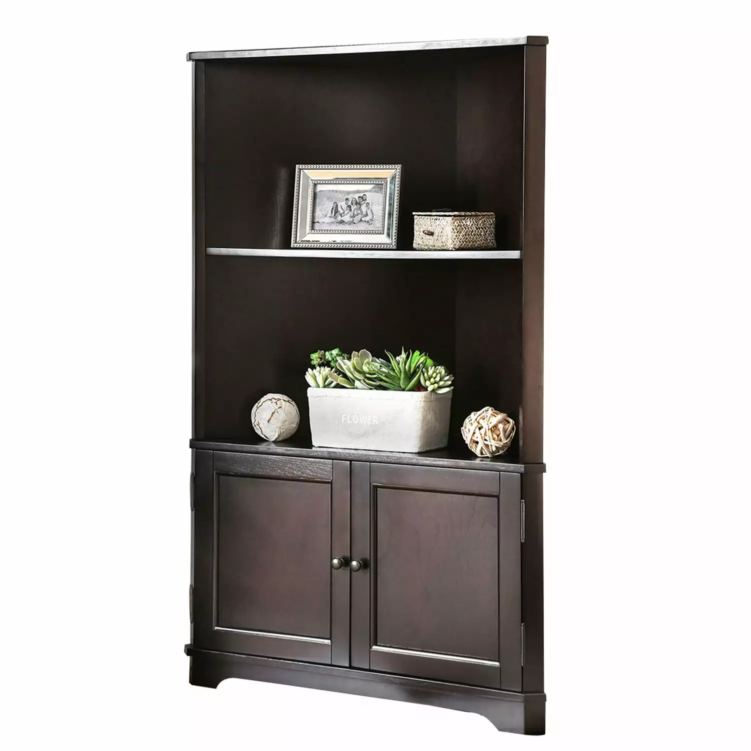 Benjara Wooden Bookshelf with 2 Open Compartments and 2 Doors. Walnut Brown