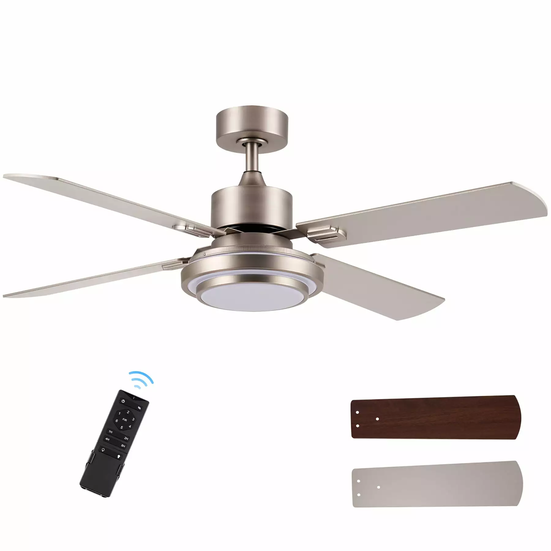 Bestco 52 Silver Ceiling Fan with Light. 4 Blades. LED Bulb. Remote & Reverse Airflow