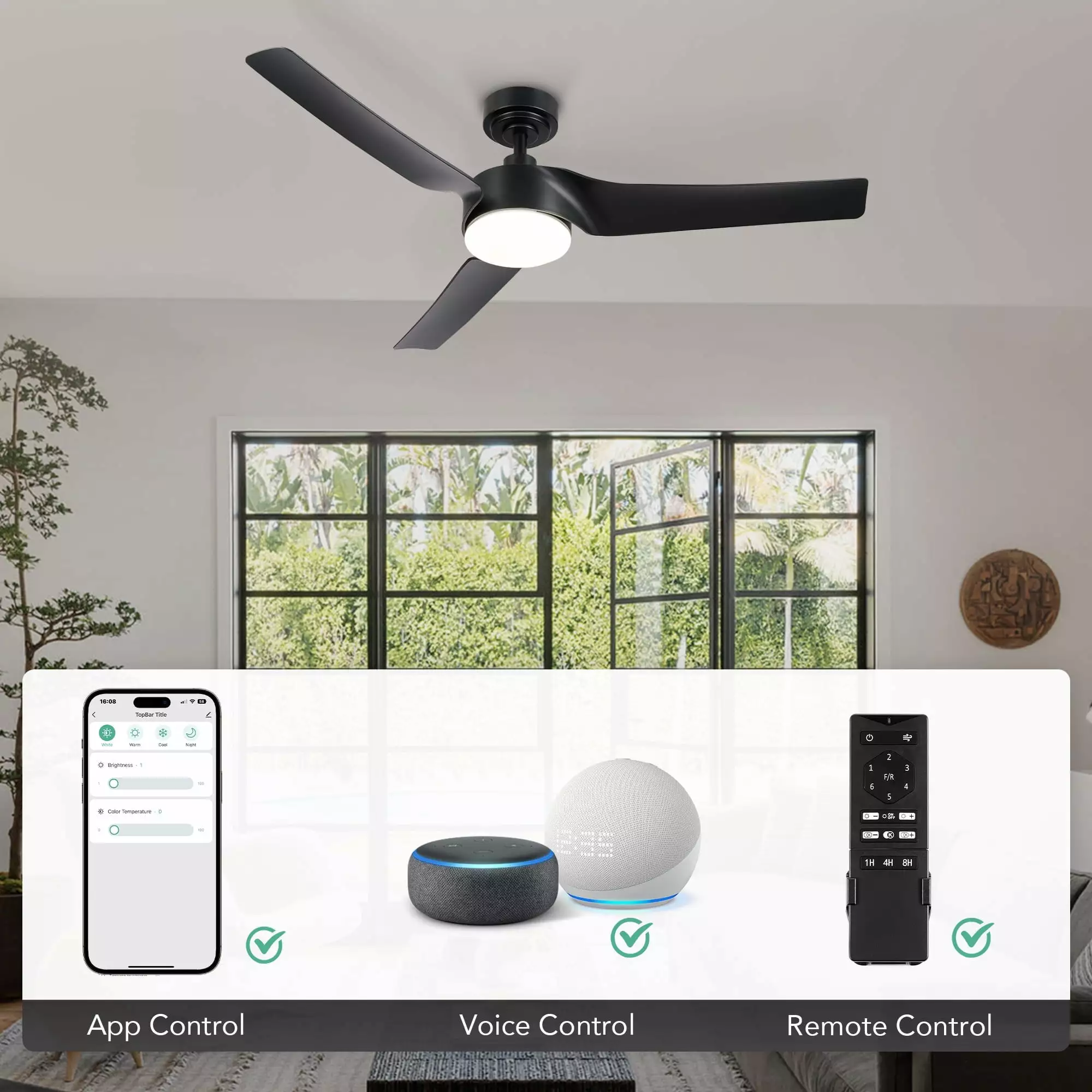 Bestco Modern Smart Ceiling Fan with Light & Remote Compatible with Alexa Google Voice App Control. 52 Semi Flush Mount Indoor 6 Speed Reversible Fandelier & Dimmable LED Lighting Fixture Kit. Black