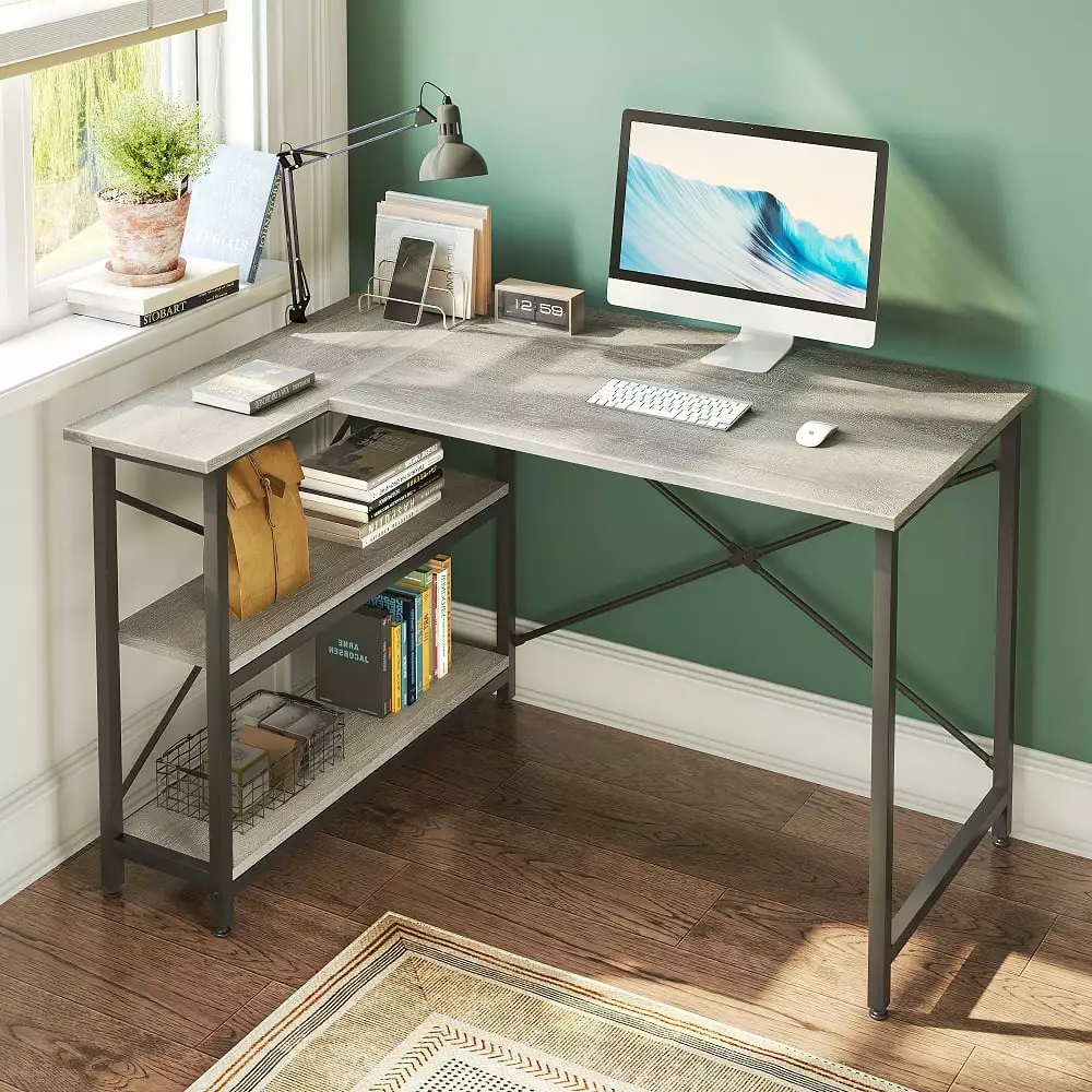 Bestier 47 inch Corner L-Shaped Desk with Storage Shelves Writing Desk Wash Grey