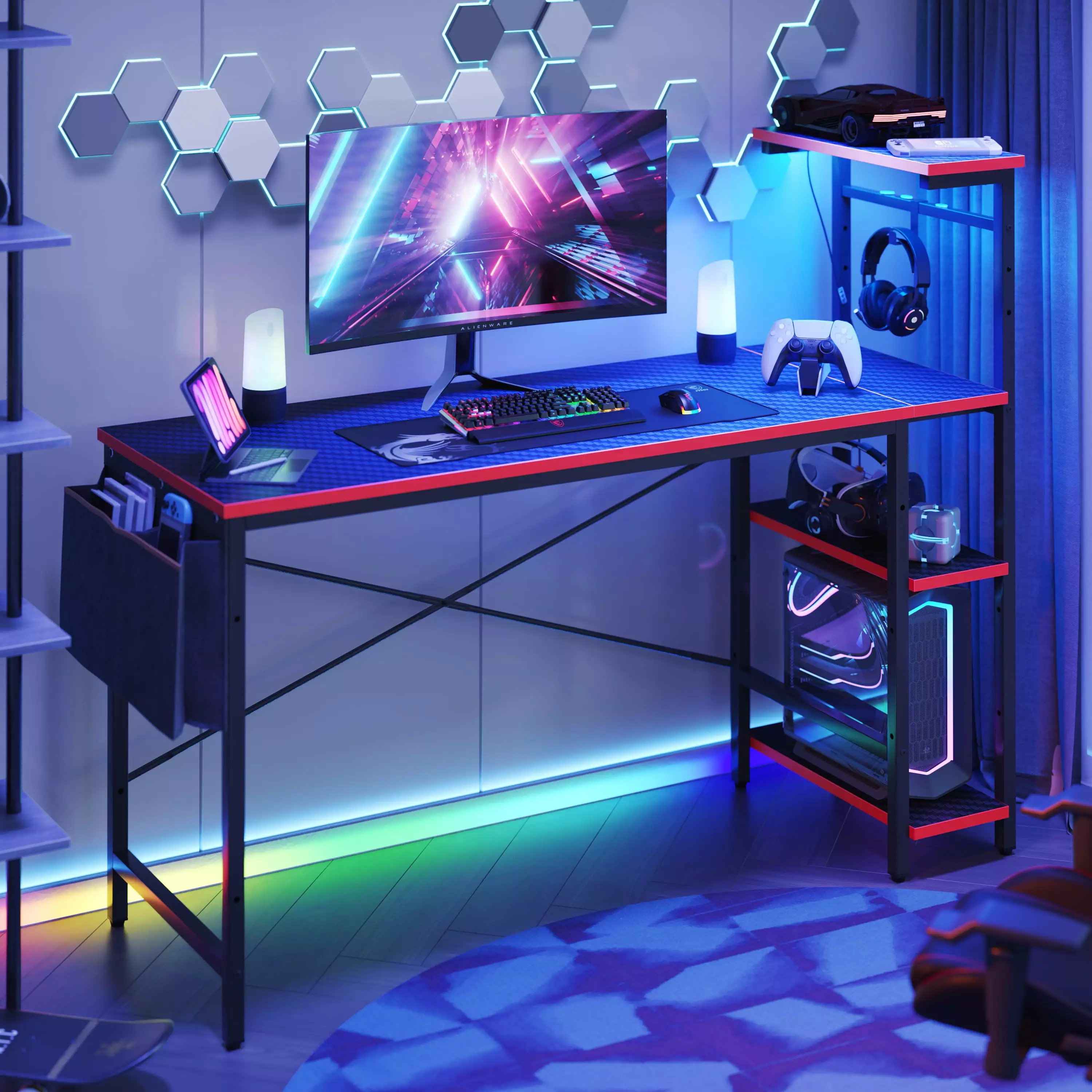 Bestier 52 inch Gaming Computer Desk with LED Lights & Shelves Carbon Fiber. Reversible desk