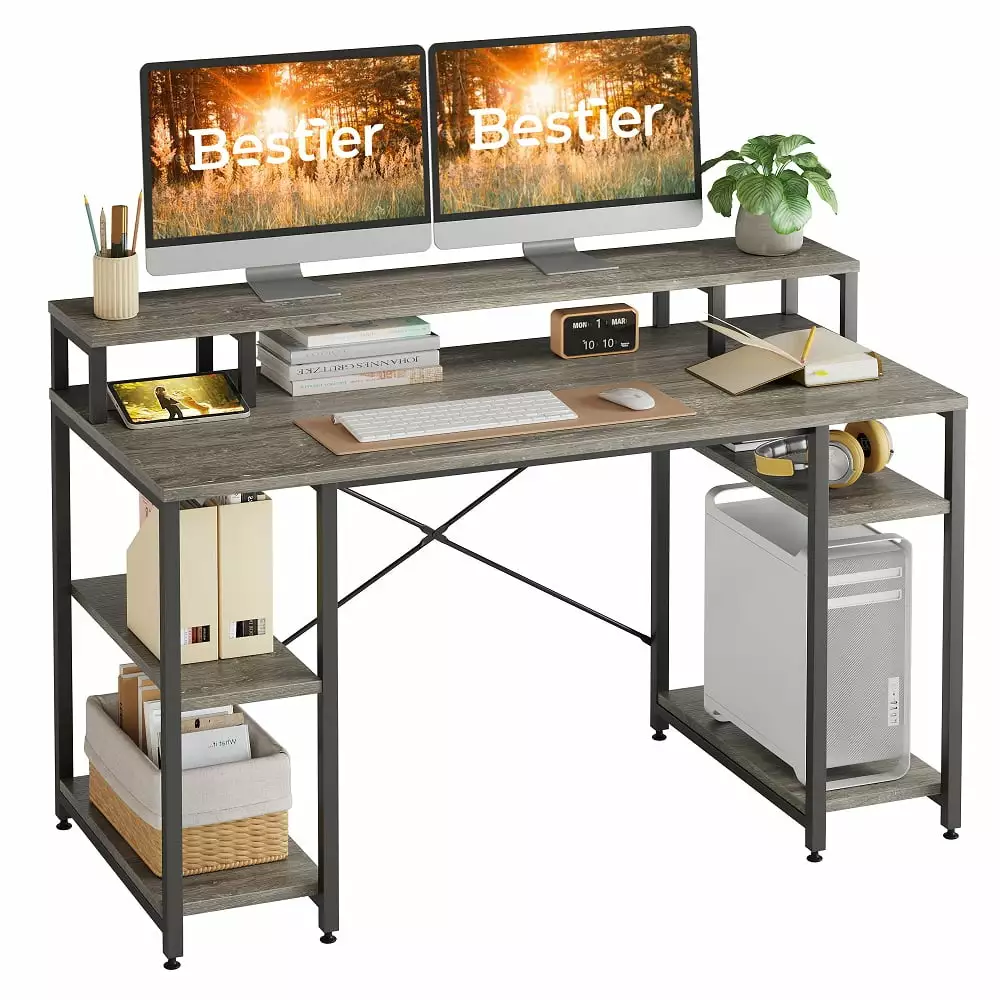 Bestier 55 inch Computer Desk with Monitor Shelf Home Office Desk Grey