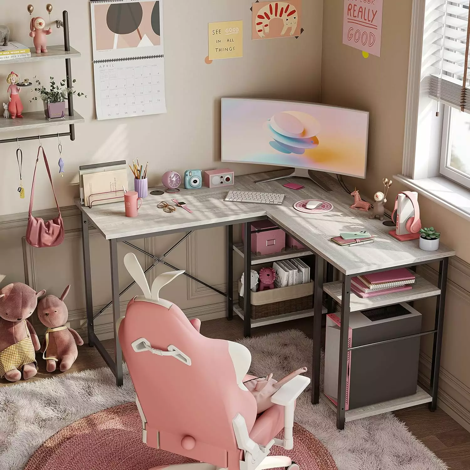 Bestier L Shaped Desk with Shelves. 75 Inch Reversible Corner Computer Desk or 2 Person Long Table. Wash White