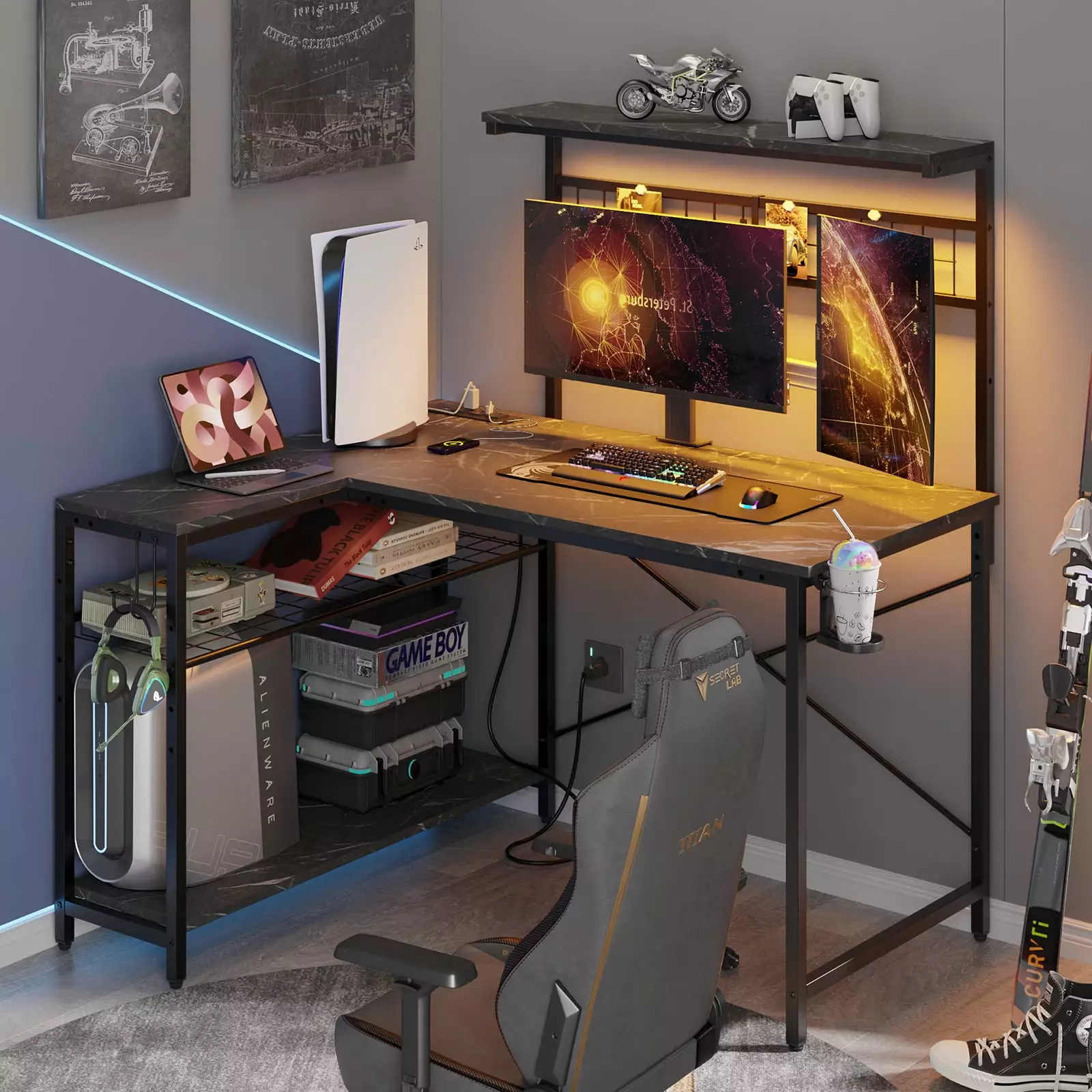 Bestier L Shaped Gaming Desk with Power Outlets.42 '' LED Computer Desk with 4-Tier Shelves Adjustable.Corner Desk with Grid Pegboard and Cup Holder for Home Office.Black Marble