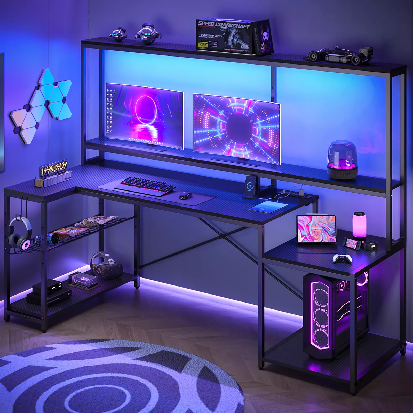 Bestier LED Gaming Desk with Hutch. 71.5 inch L Shaped Computer Desk with Power Outlets. Carbon Fiber Black