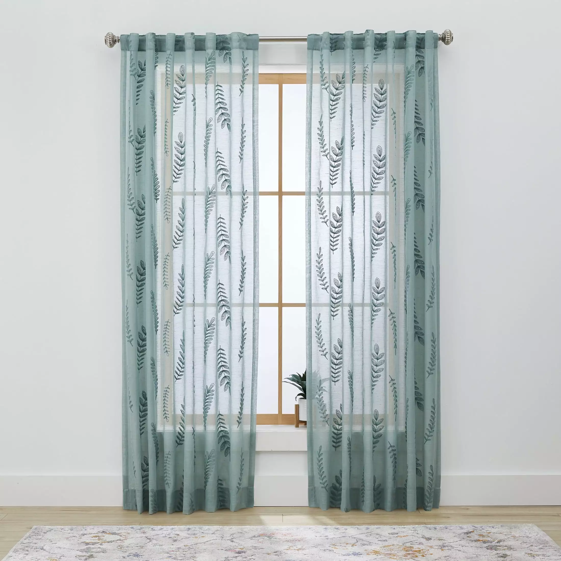 Better Homes & Gardens Embroidered Botanical Sheer Single Curtain Panel Green River. 50 x 108