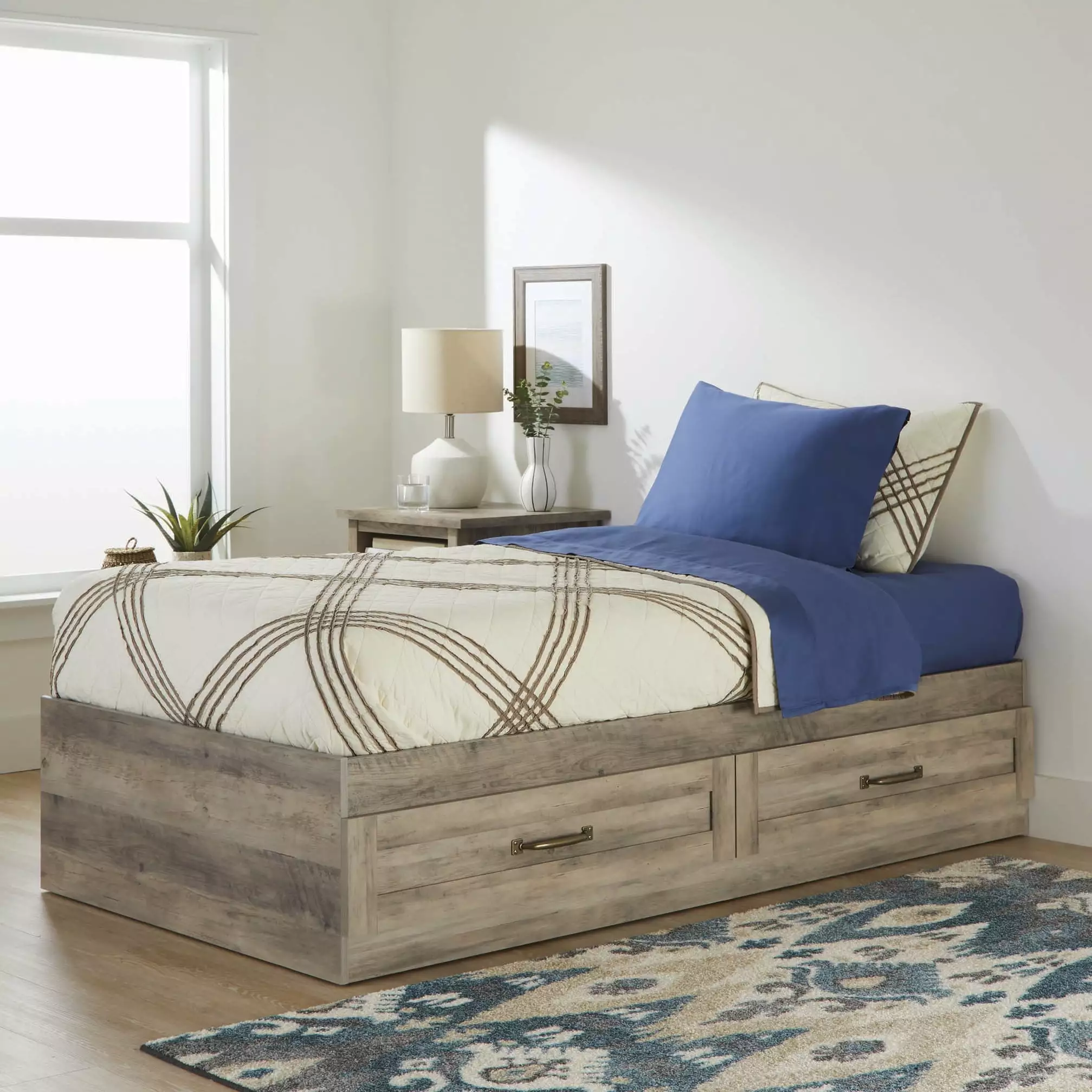 Better Homes & Gardens Modern Farmhouse Platform 2-Drawer Storage Bed. Twin. Rustic Gray