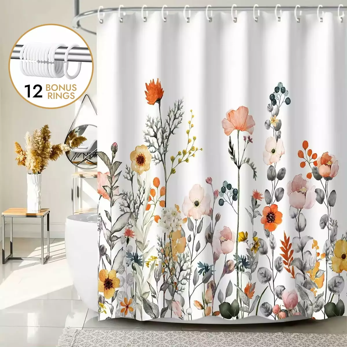 Bevtee Floral Fabric Shower Curtain. Bathroom Shower Curtain Sets. Colorful Wildflower Flowered Shower Curtain with 12 Hooks . 72 x 72