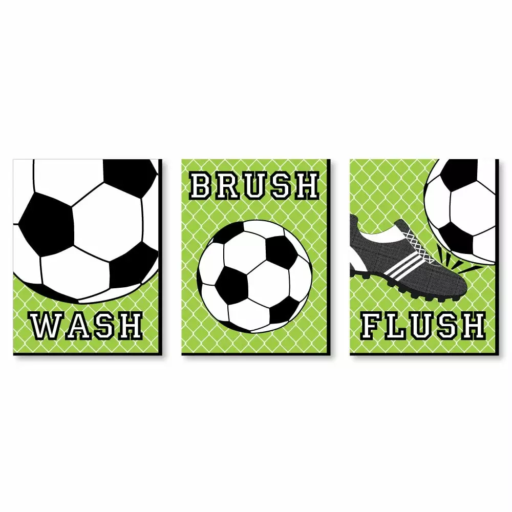 Big Dot of Happiness Goaaal - Soccer - Kids Bathroom Rules Wall Art - 7.5 x 10 inches - Set of 3 Signs - Wash. Brush. Flush