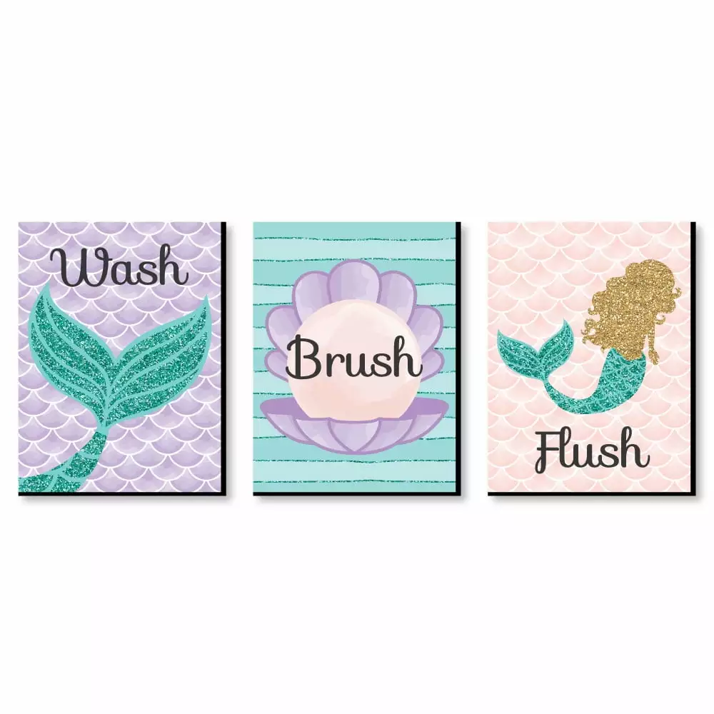 Big Dot of Happiness Let's Be Mermaids - Kids Bathroom Rules Wall Art - 7.5 x 10 inches - Set of 3 Signs - Wash. Brush. Flush